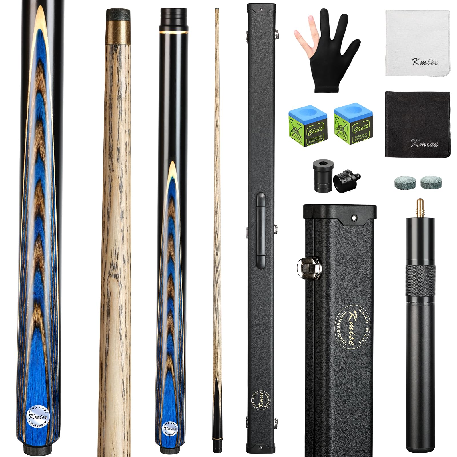 Kmise 57" 3/4 Jointed Snooker Billiard Pool Cue Handcrafted 9.5MM Tip Ash Wood Cue 20oz with Telescopic Aluminium Extension & Billiard Cue Case | Chalk & Glove Accessories Snooker Cue Set Blue