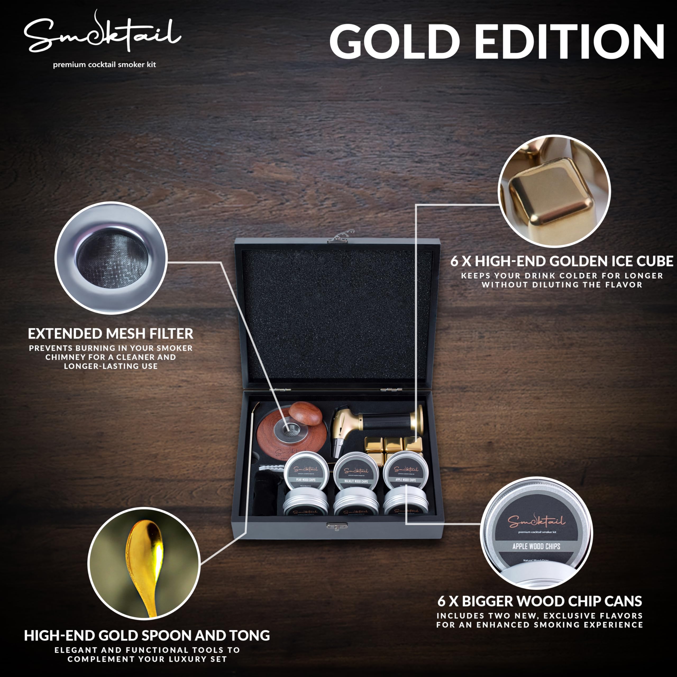 Cocktail Smoker Kit by Smoktail – Gold Luxury Edition for Infusing Bourbon & Whiskey – Old Fashioned Cocktails Smoker Set with Torch & 6 Flavor Wood Chips – Best Gift for Men & Women (Without Butane)