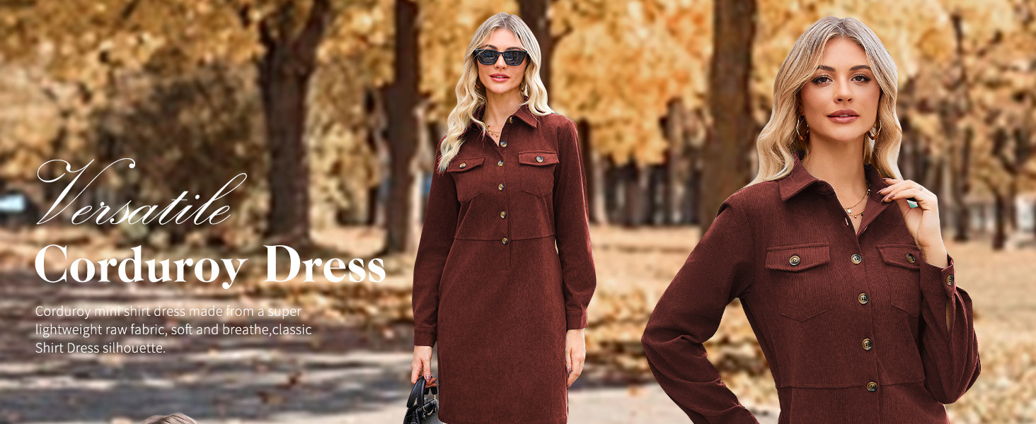 LifeShe Corduroy Shift Dress for Women Long Sleeve Button Down