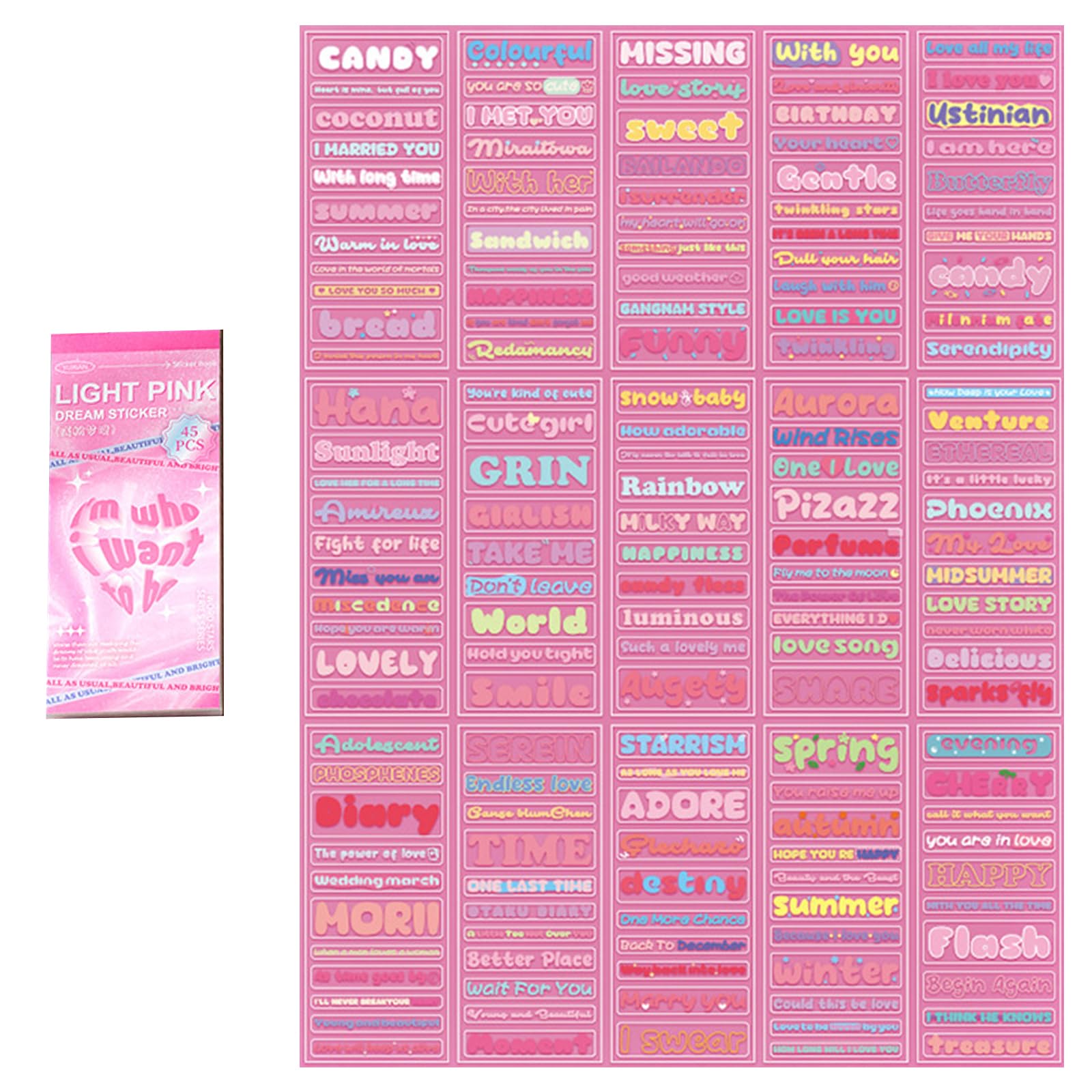 45 Sheets Korean Deco Stickers Set, Colorful Glitter Stickers with Flower Heart Ribbon Letter Alphabet, Kpop Potocard Korean Stickers, Cute Deco Stickers for Scrapbook Card Craft Kids (Angel Dreams)