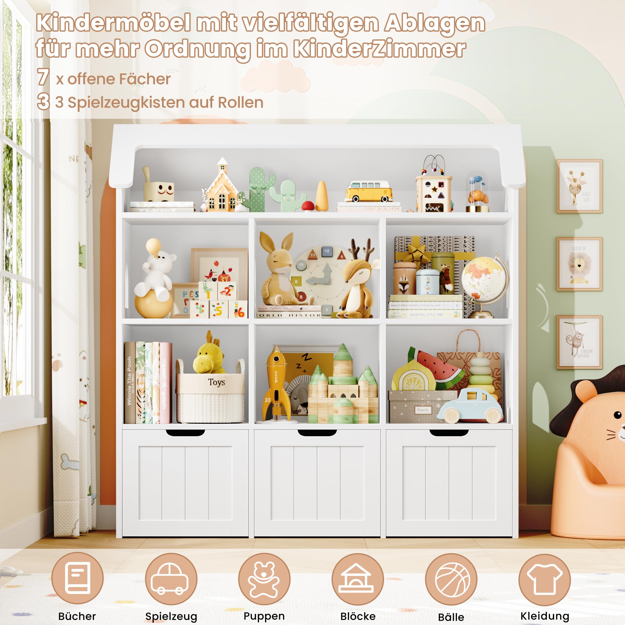 FOREHILL Kinderregal in Hausform, Bücherregal Kinder, Kinderzimmer Möbel | Kinderregal mit 3 Boxen auf Rollen, Kinderschrank Puppenhaus, Regal für Kinderzimmer, Kindergarten, 120x117,5x30cm