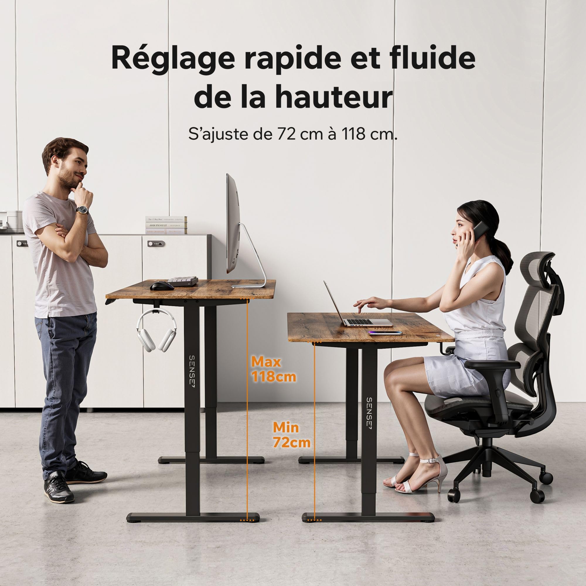 SENSE7 Nojo Light Bureau électrique réglable 140x70cm chêne Noir 70kg