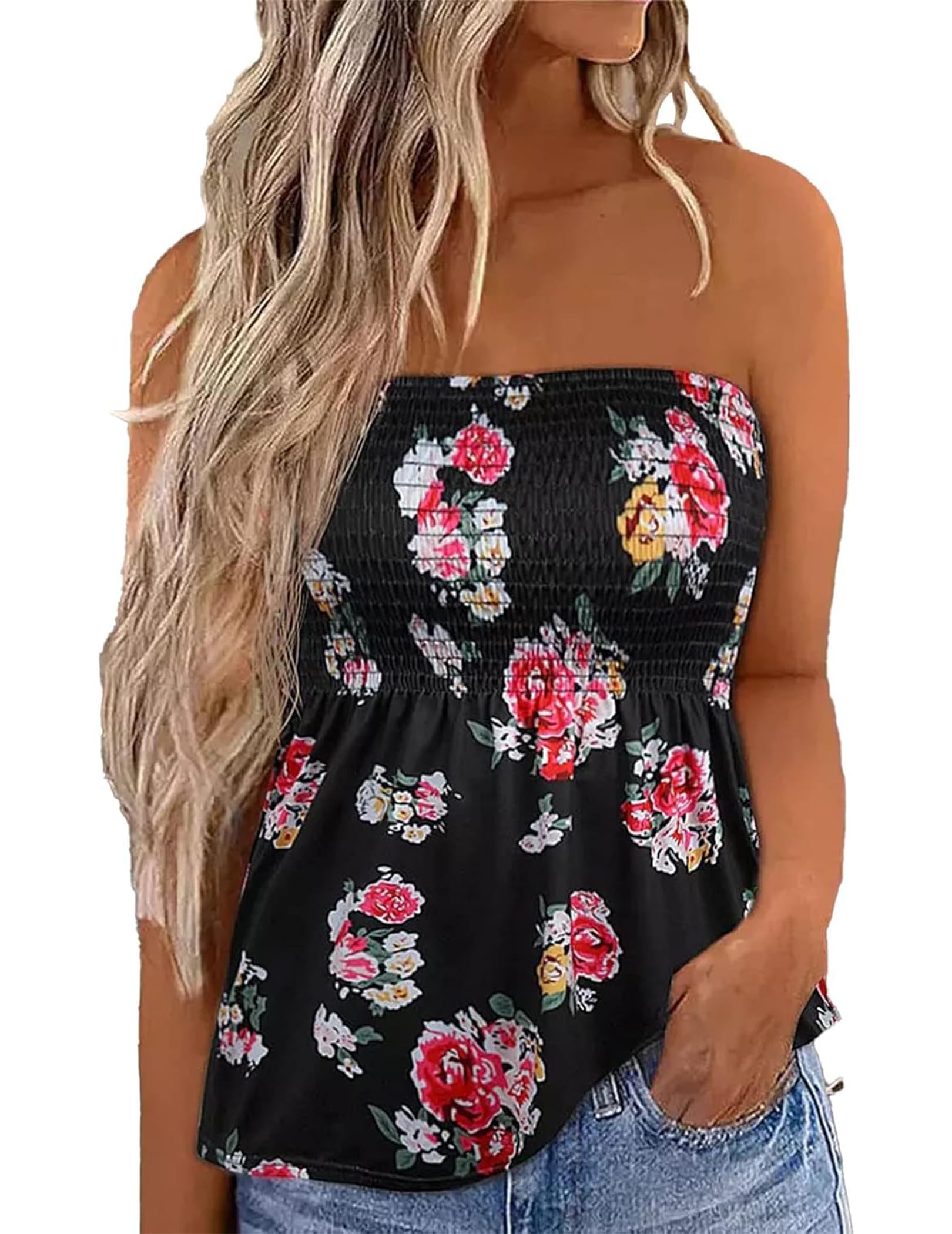 NILOINE Women Pleated Ruffled Backless Tube Tops Sleeveless Smocked Bandeau Tank Summer Floral Print Strapless Shirts