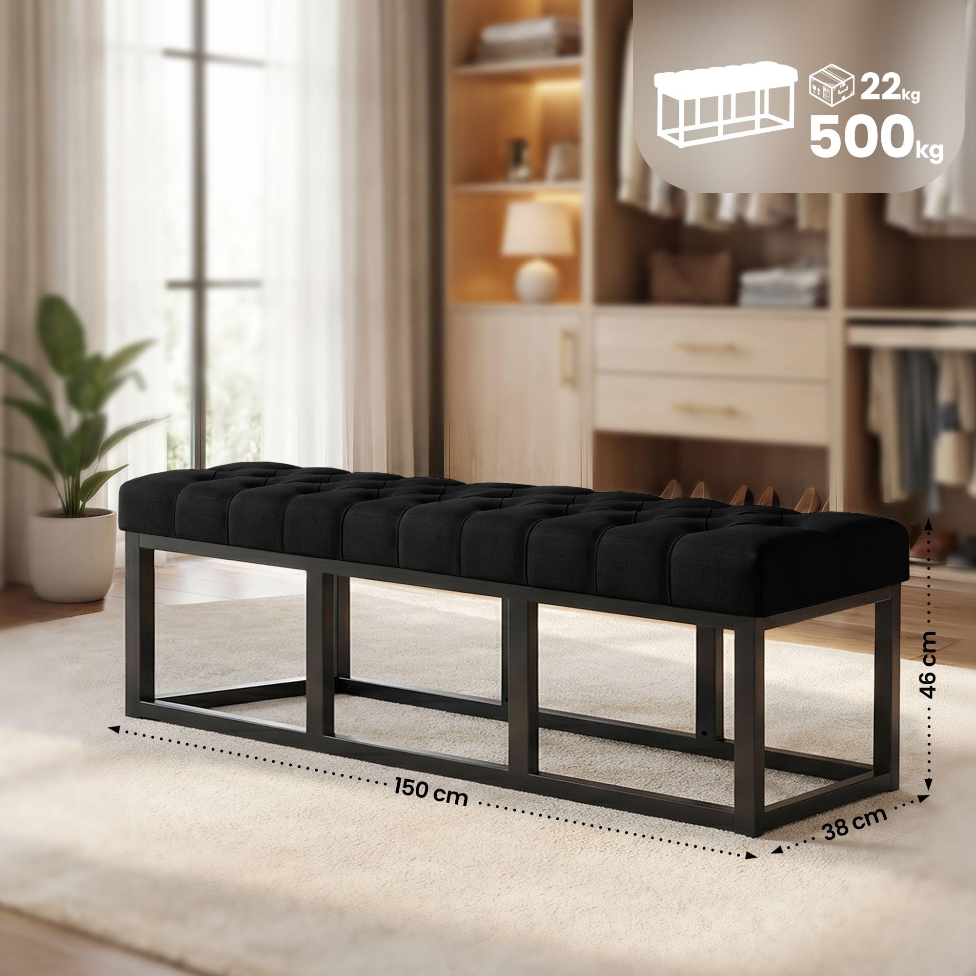 CLP Banc d Entree Amun en Tissu, Banc Rembourre en Metal Noir thermolaque, Robuste, pour Chambre, Vestibule et Dressing Couleur Noir Taille 150 cm