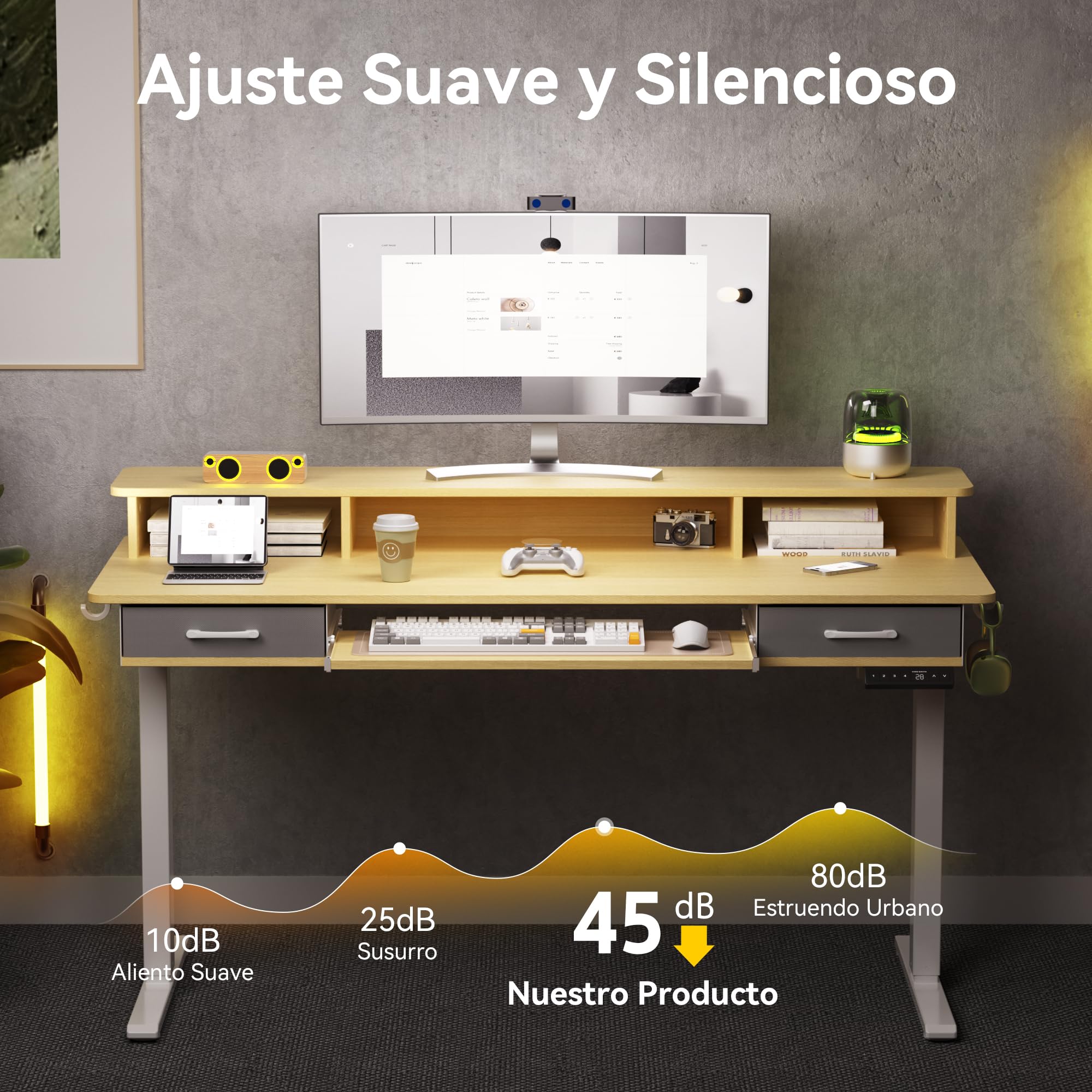 WALKINGDESK Escritorio Elevable Eléctrico con Bandeja para Teclado, 160 x 60 cm Escritorio Regulable en Altura, Mesa Elevable con Soporte Monitor, Mesa Ergonómico de Bipedestación, Roble