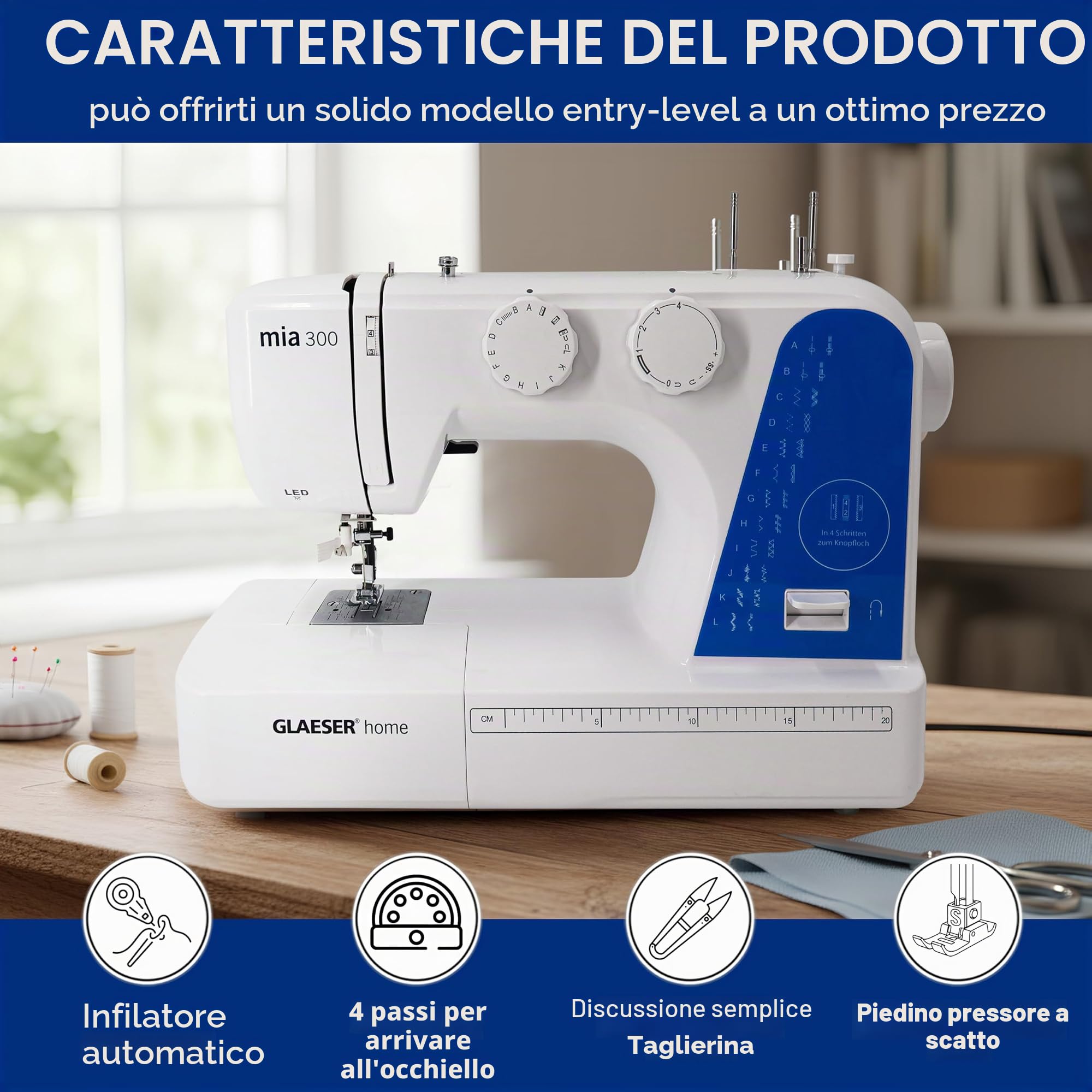 Macchina da cucire Easy GLAESER® Home Mia 300 | Macchina da cucire per principianti | Infilatore automatico | 24 punti – Varianti | Facilissimo da usare bianco/blu