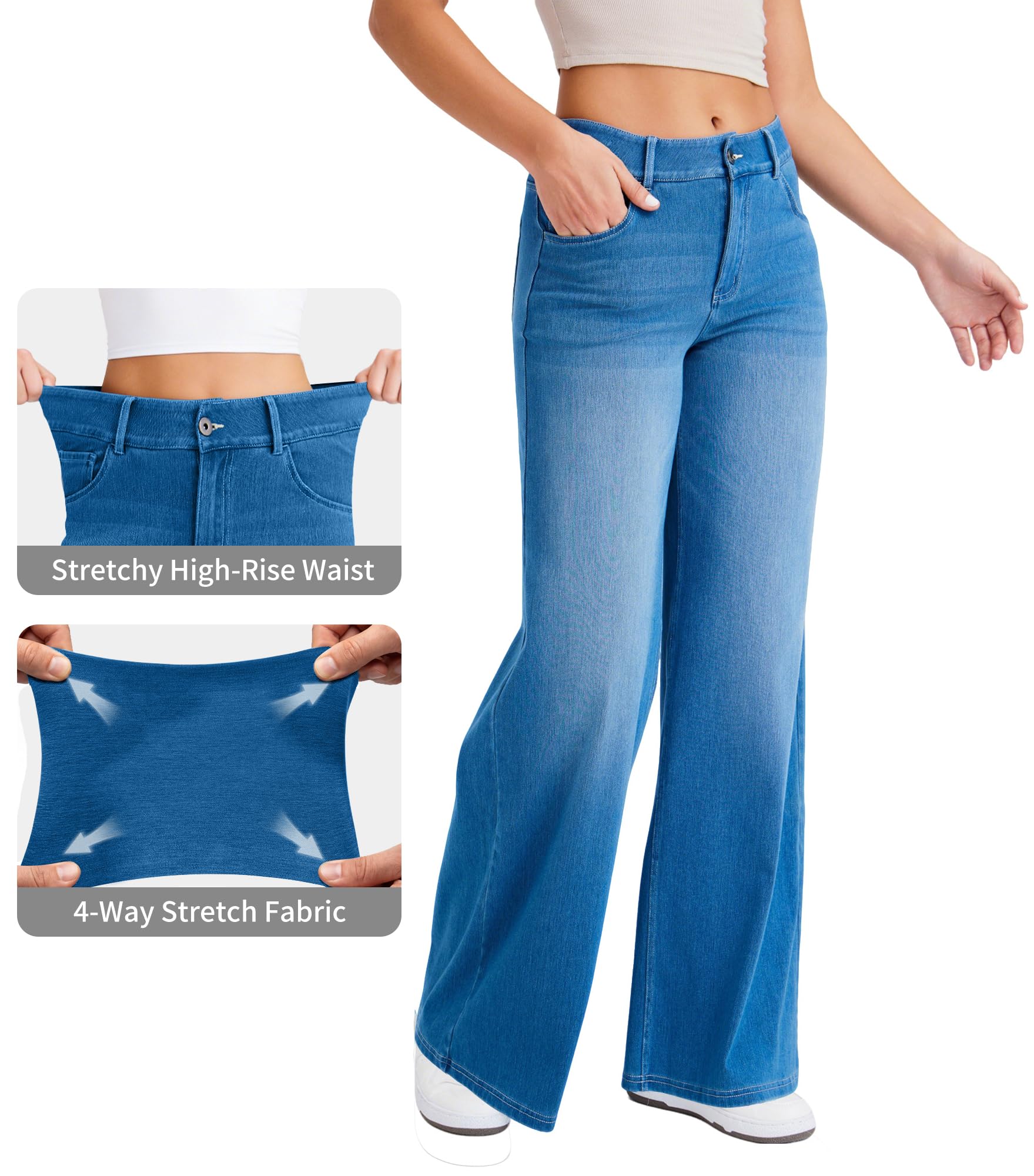 LaiEr Jeans à Jambe Large pour Femmes,avec Design Classique de Devant à Bouton et Fermeture éclair,Coupe Ample,Pantalon en Denim à Haute élasticité adapté