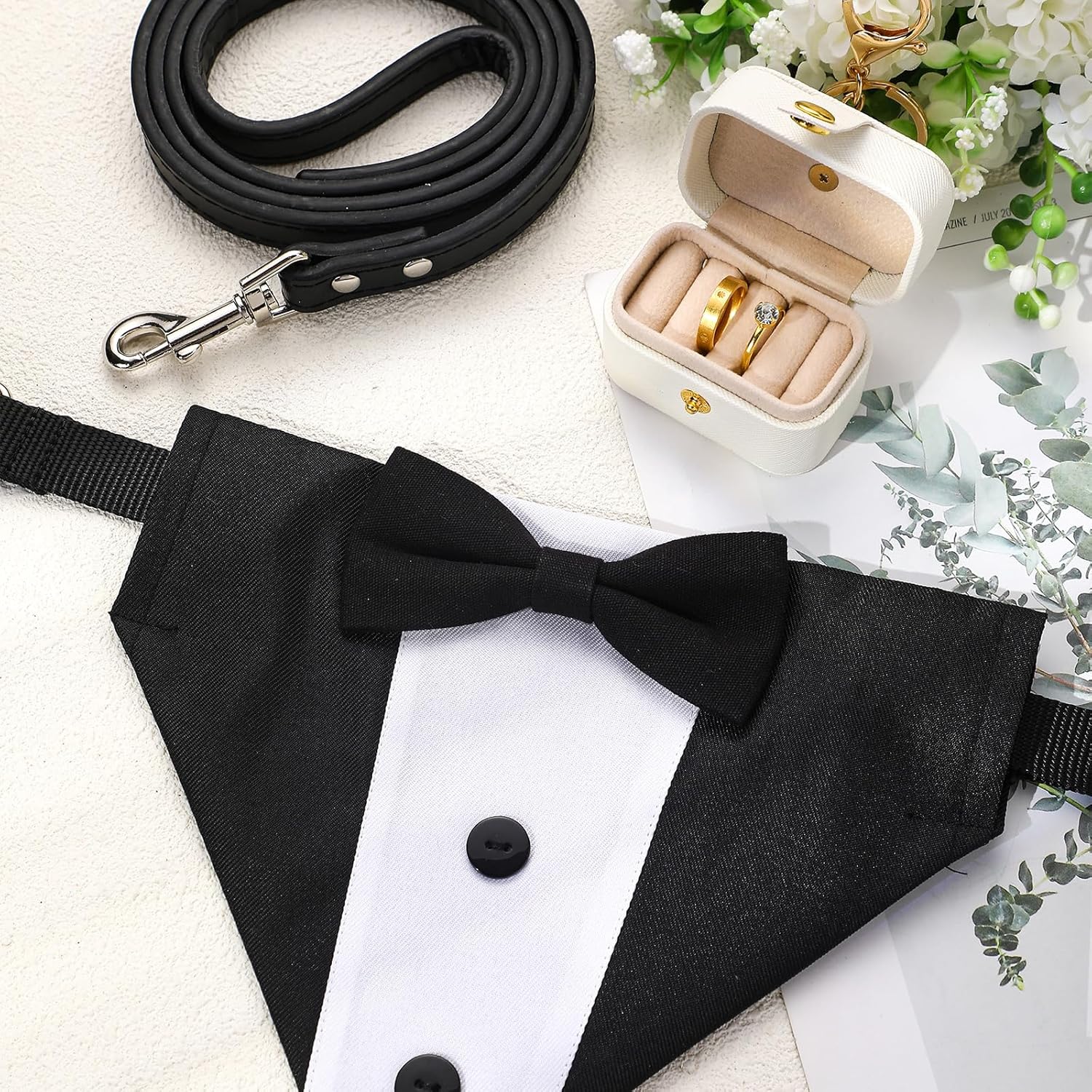 3 Pcs Dog Wedding Collar Outfit Include Dog Tuxedo Attire Wedding Ring Bearer Ring Holder Pouch Box Adjustable Pet Neck Bow Tie with Leash(Suit)