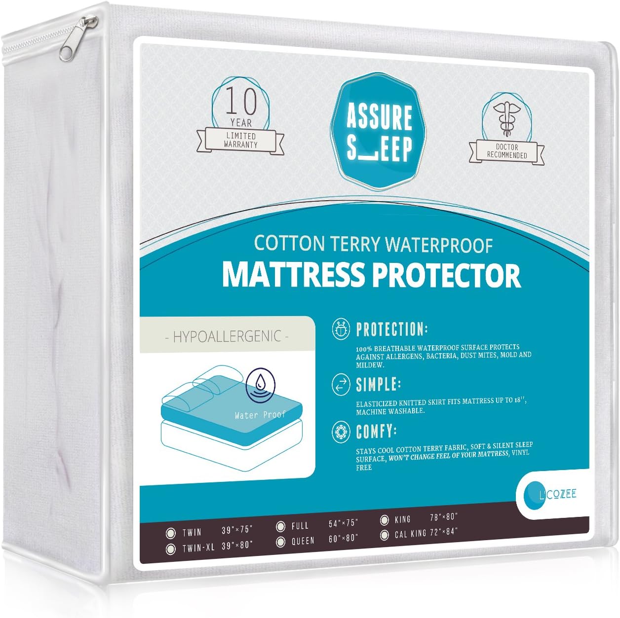 L' COZEE King Size Assure Sleep Mattress Protector - 100% Waterproof - Breathable Soft Cotton Terry Cover – Hypoic - 10 Year Warranty