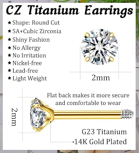 Miniatura 41 de G23 Titanium Earrings 5A+Cubic Zirconia Flat Back Stud Earrings 14K Gold Hypoallergenic Nap Earrings 2-5MM Tiny Handmade Cartilage Stud Earrings for