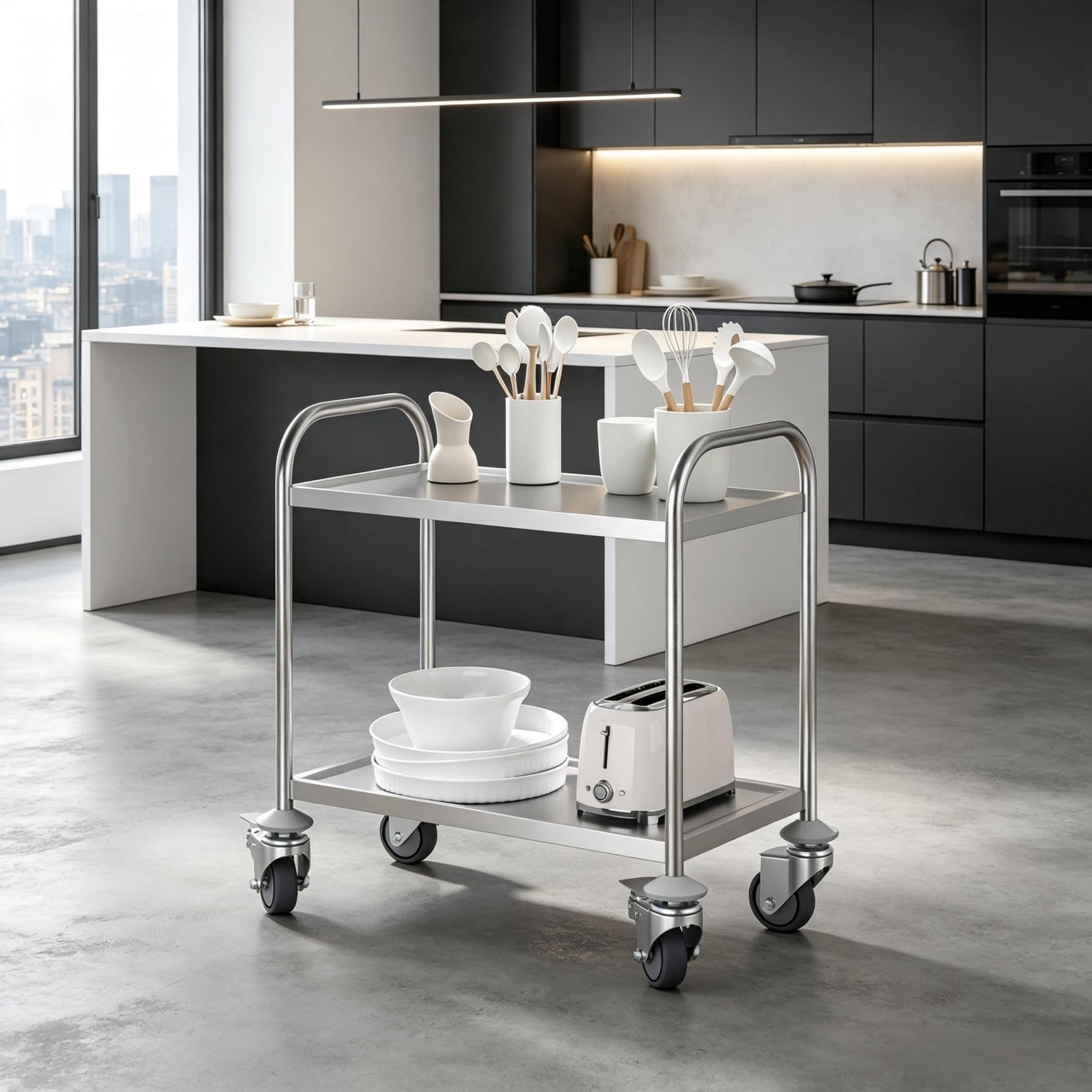 Küchenwagen Edelstahl Grau 2 Ablagen Rollbar mit Bremsen Max. 100kg