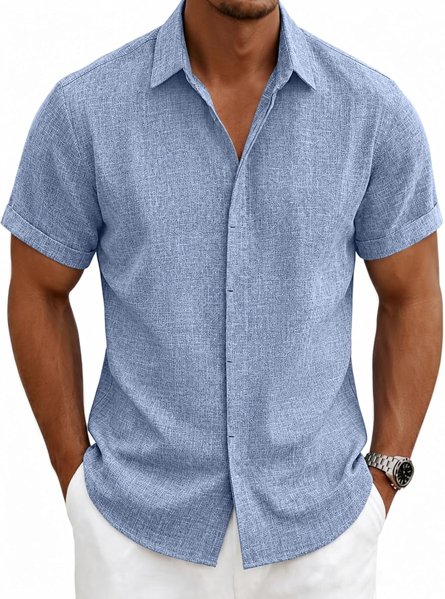 Mens Linen Shirts Short Sleeve Casual Shirt Button Down Summer Beach Vacation Tops Men Casual Dress Shirts Breathable