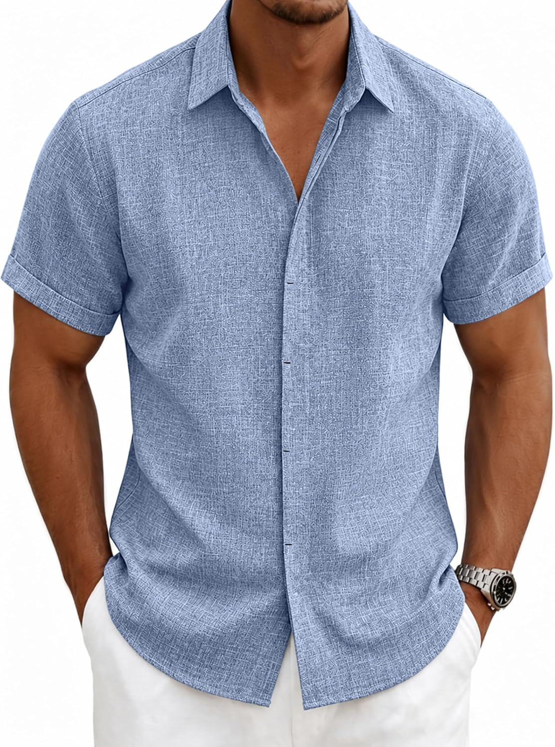 Mens Linen Shirts Short Sleeve Casual Shirt Button Down Summer Beach Vacation Tops Men Casual Dress Shirts Breathable