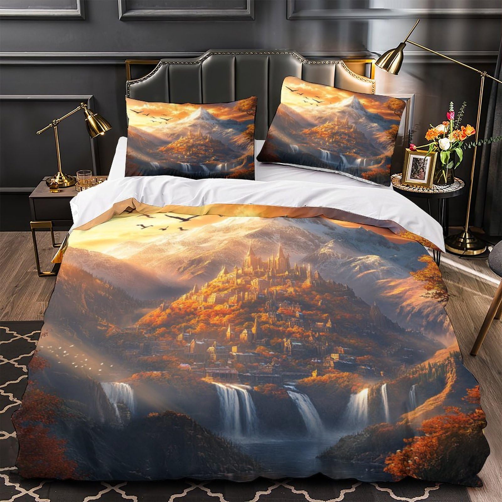 Housse de couette village de montagne fantastique pour déco de chambre d'ado et adulte