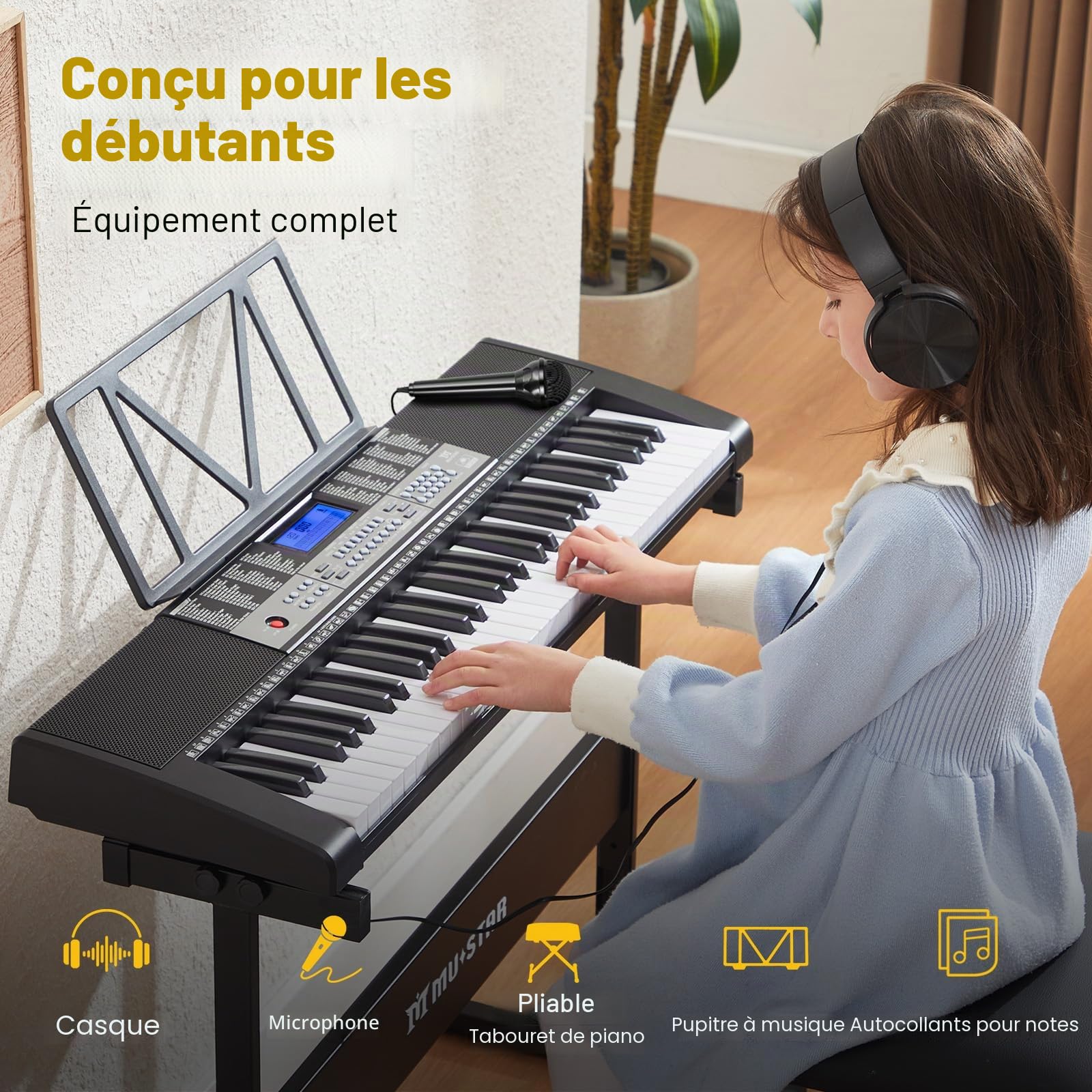 MUSTAR Piano à clavier lumineux 61 touches, clavier numérique pour débutants, piano électrique avec enseignement intelligent, support, tabouret, casque (Noir)