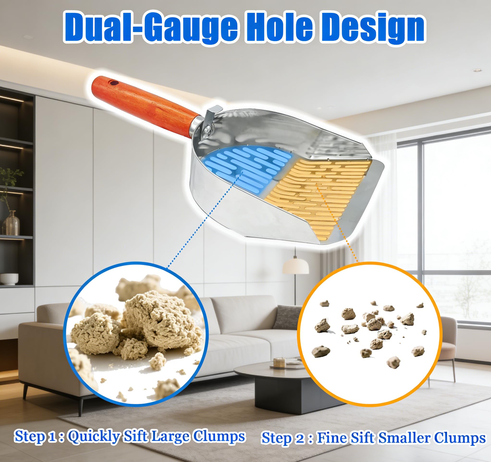 Cat Litter Scoop Metal 304 Stainless Steel, One-Piece Pressed Design with No Weld Spots, Durable Anti-Break Handle, Dual Slot Sizes, with Holder Stand, Easy to Clean, Filters Small Litter Clumps - image 4