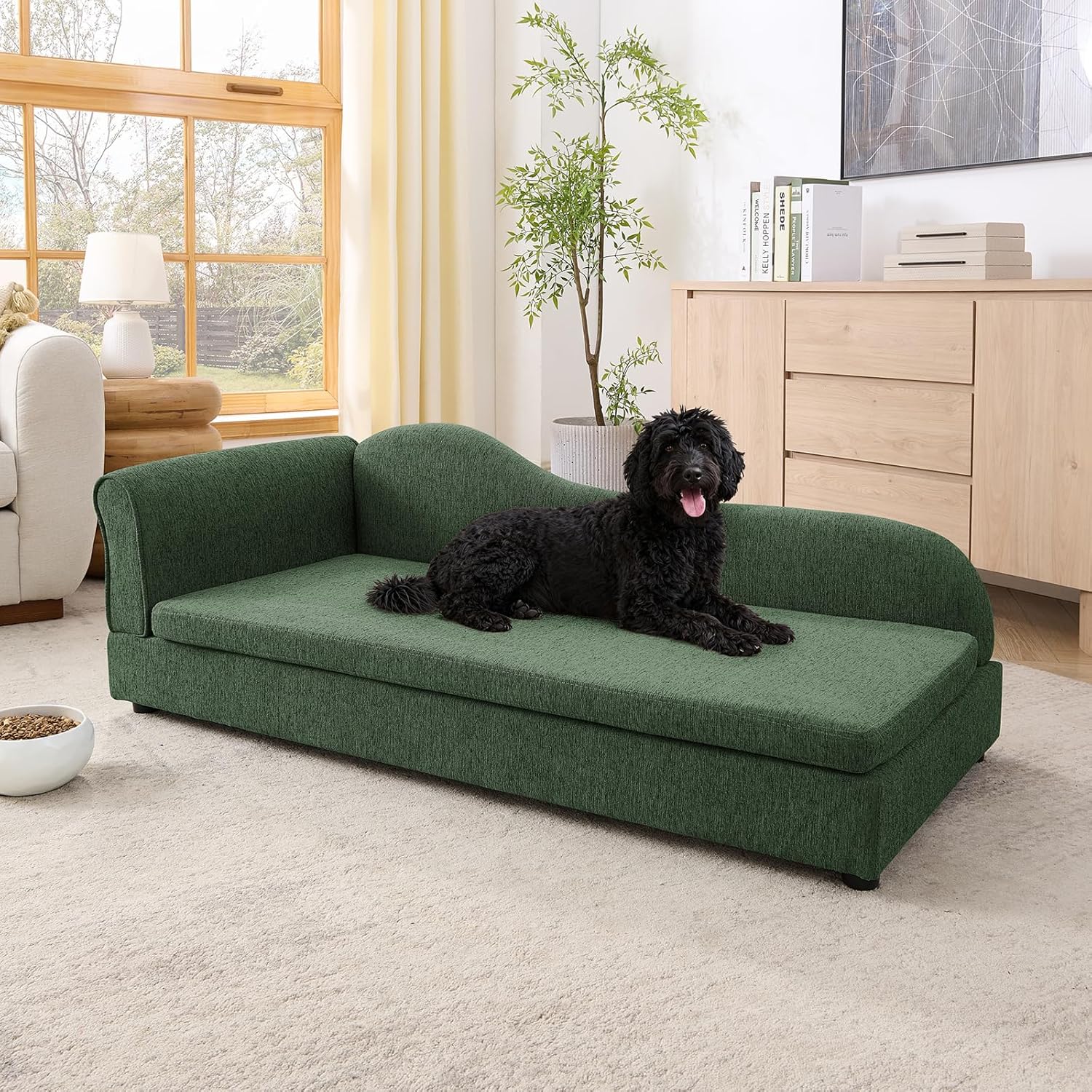 Oversized Pet Sofa for Medium & Large Dogs, 55" Modern Dog Couch with Irregular Wave Backrest & Single Armrest, Breathable Linen Fabric, Soft Foam Cushion, Low Plastic Feet