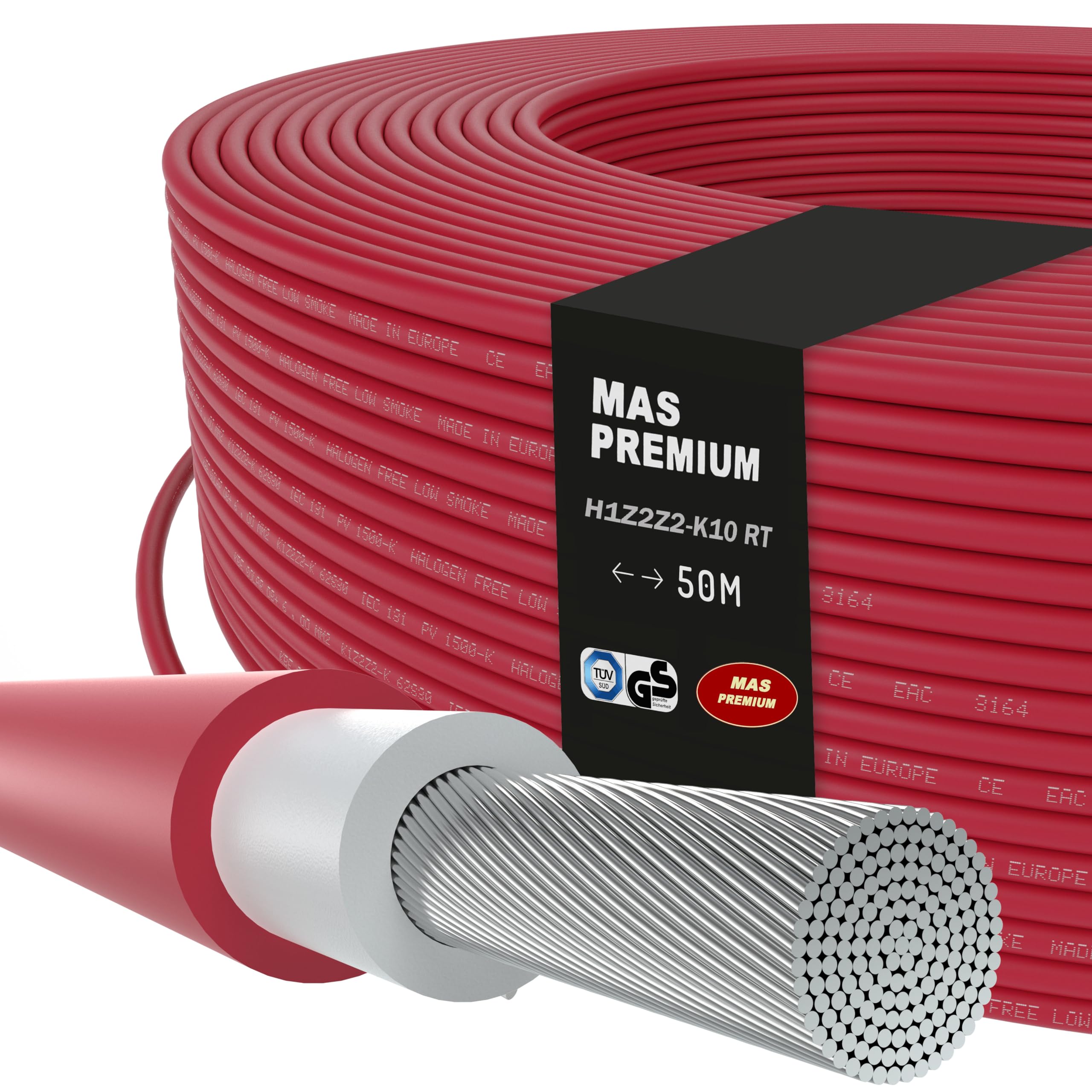 MAS Premium Kabel solarny H1Z2Z2-K 4 6, 10 mm², przewód solarny TÜV-2, bez halogenu, podwójna izolacja, swobodne lub stałe układanie w instalacjach fotowoltaicznych, 5-200 m (H1Z2Z2-K 10, czerwony, 50
