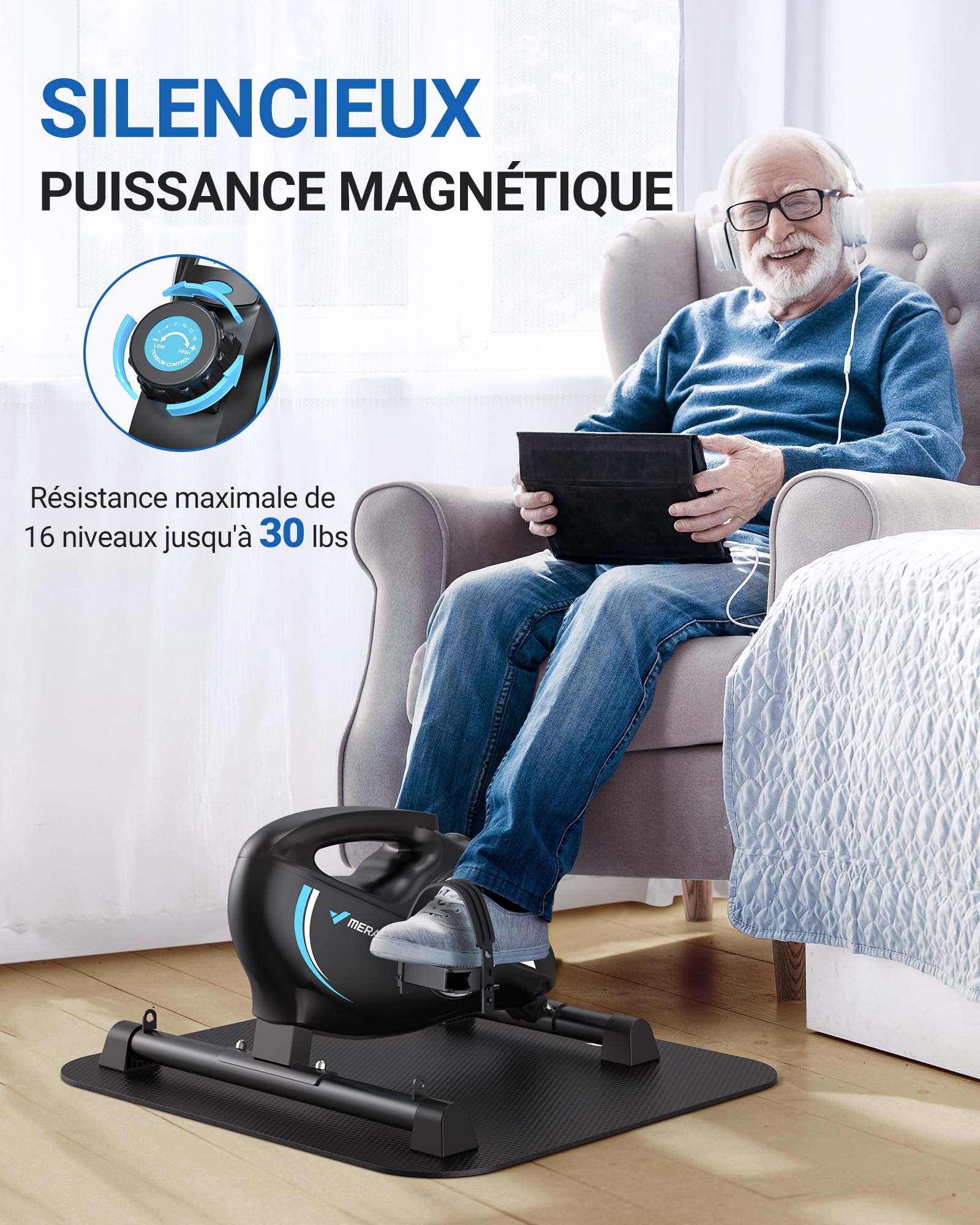 MERACH Pedalier d'Appartement, Mini Velo Bureau avec 2 Bandes de Résistance et Tapis Antidérapant
