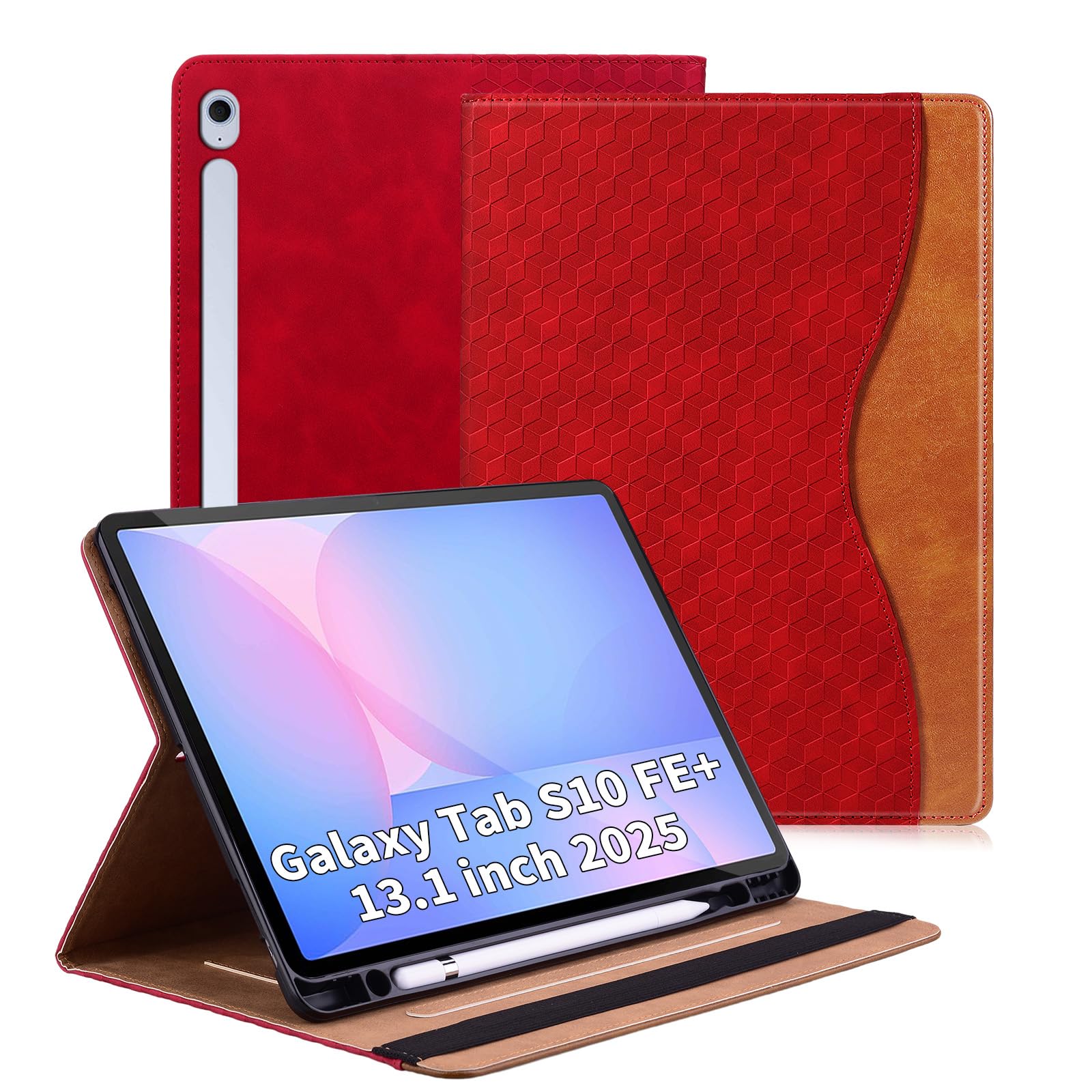 Vkooer Hülle für Samsung Galaxy Tab S10 FE+ Plus 13.1 Zoll 2025, Premium Pu Leder Schutzhülle Multi-Winkel Betrachtung Stand Folio Cover Case mit Dokumentschlitze mit Auto Sleep/Wake, Rot
