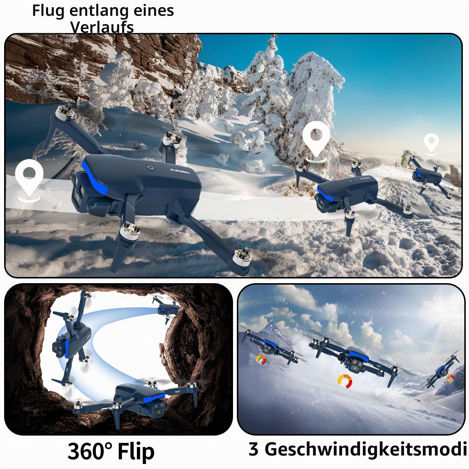 Drohne mit LED Blau Lampe, Bürstenloser Motor Drohnes mit HD 1080P Kamera Drohne für Anfänger,Mini RC Quadrocopter mit FPV 5GHZ WiFi Übertragung, 3D Flip,Höhenhaltung,Modulare Batterie