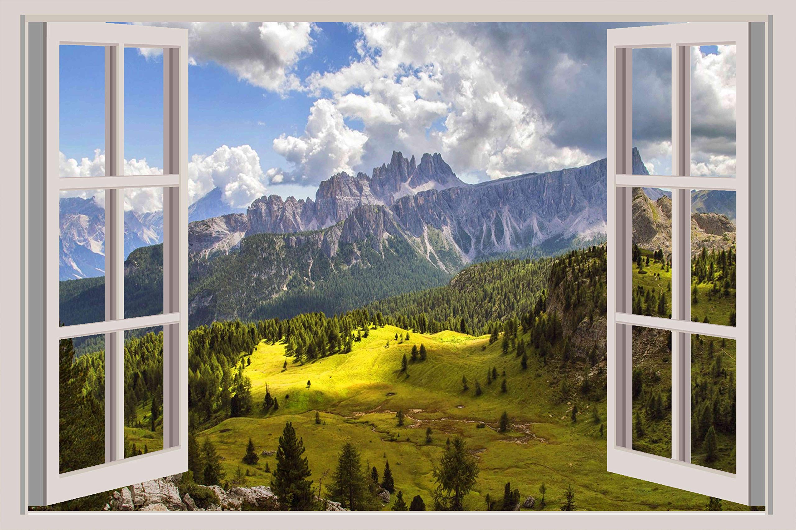Beibehang BXZ0456 Mountain Landscape Rocky Peaks Forest with Pine Trees Meadow with Green Need Sky Clouds HD 3D Window Wall Sticker (91cm x 60cm)