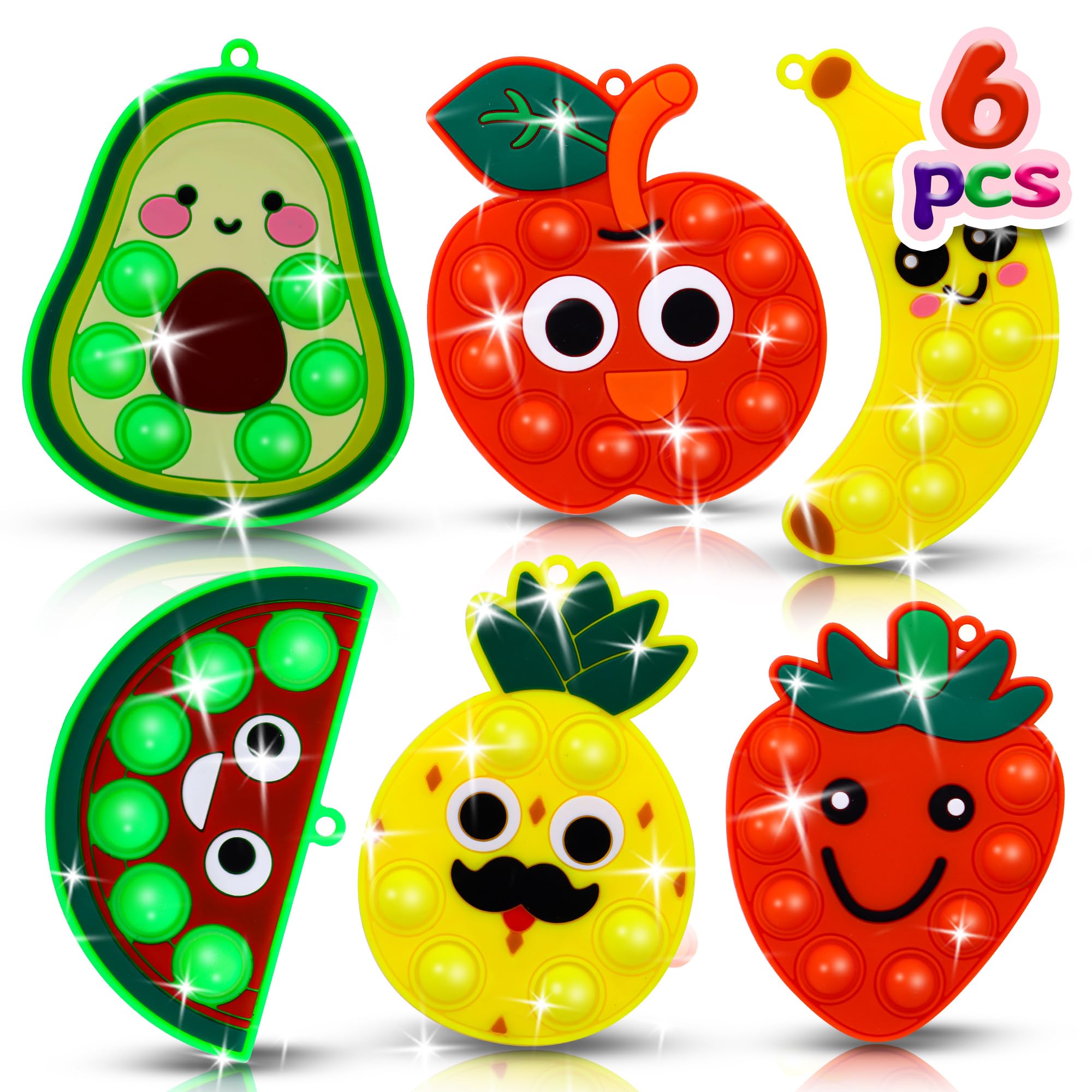 6pcs Fruit Bubble Fidget Toy Set Mini Pop Keychain Sensory Toys for Kids Party Favors Stocking Stuffers Carnival Prizes Classroom Rewards Toddler Stress Relief