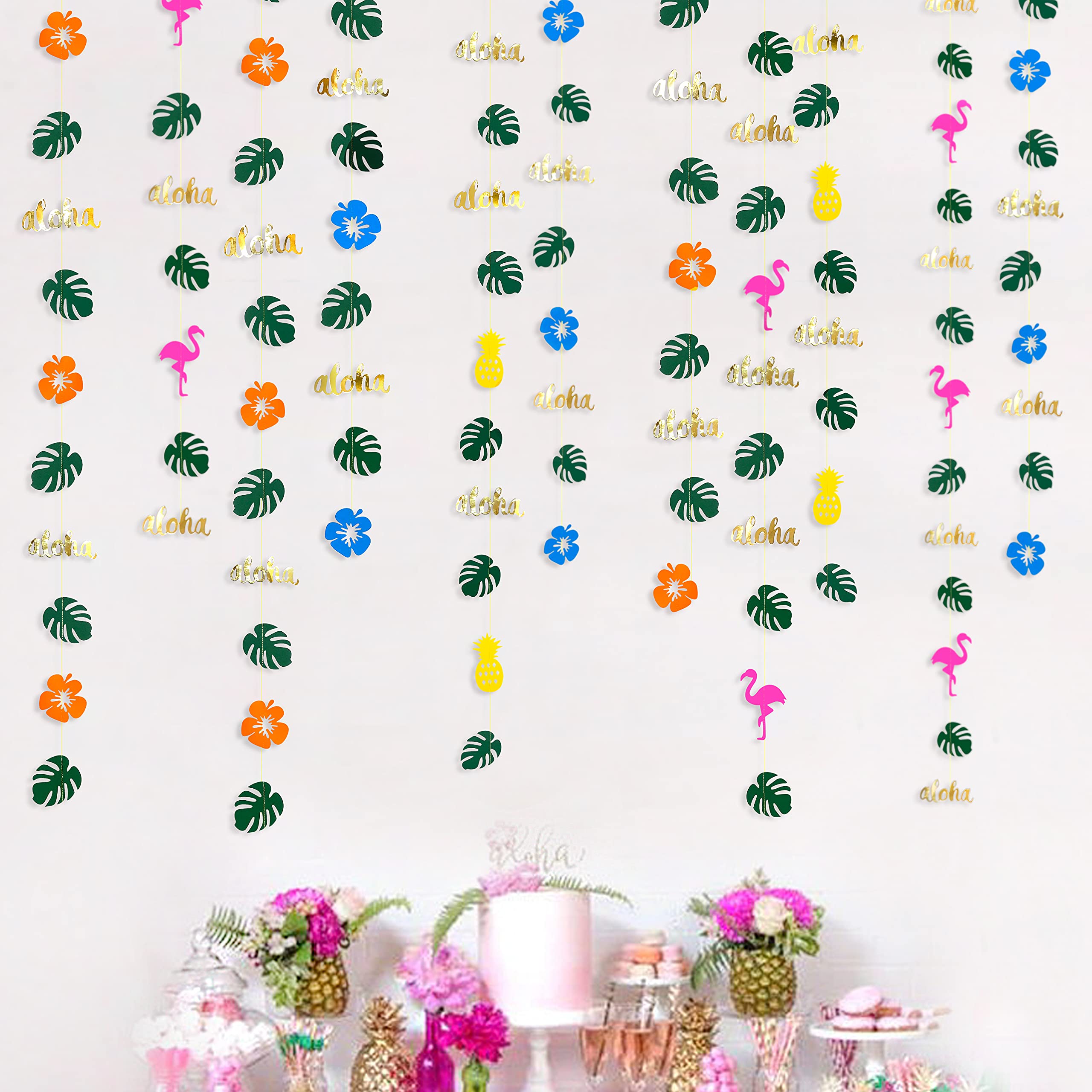 40 Ft Hawaiian Aloha Party Decorations Aloha Sign Palm Leaves Flamingo Pineapple Flower Leaf Hanging Garland Streamer for Summer Luau Beach Pool