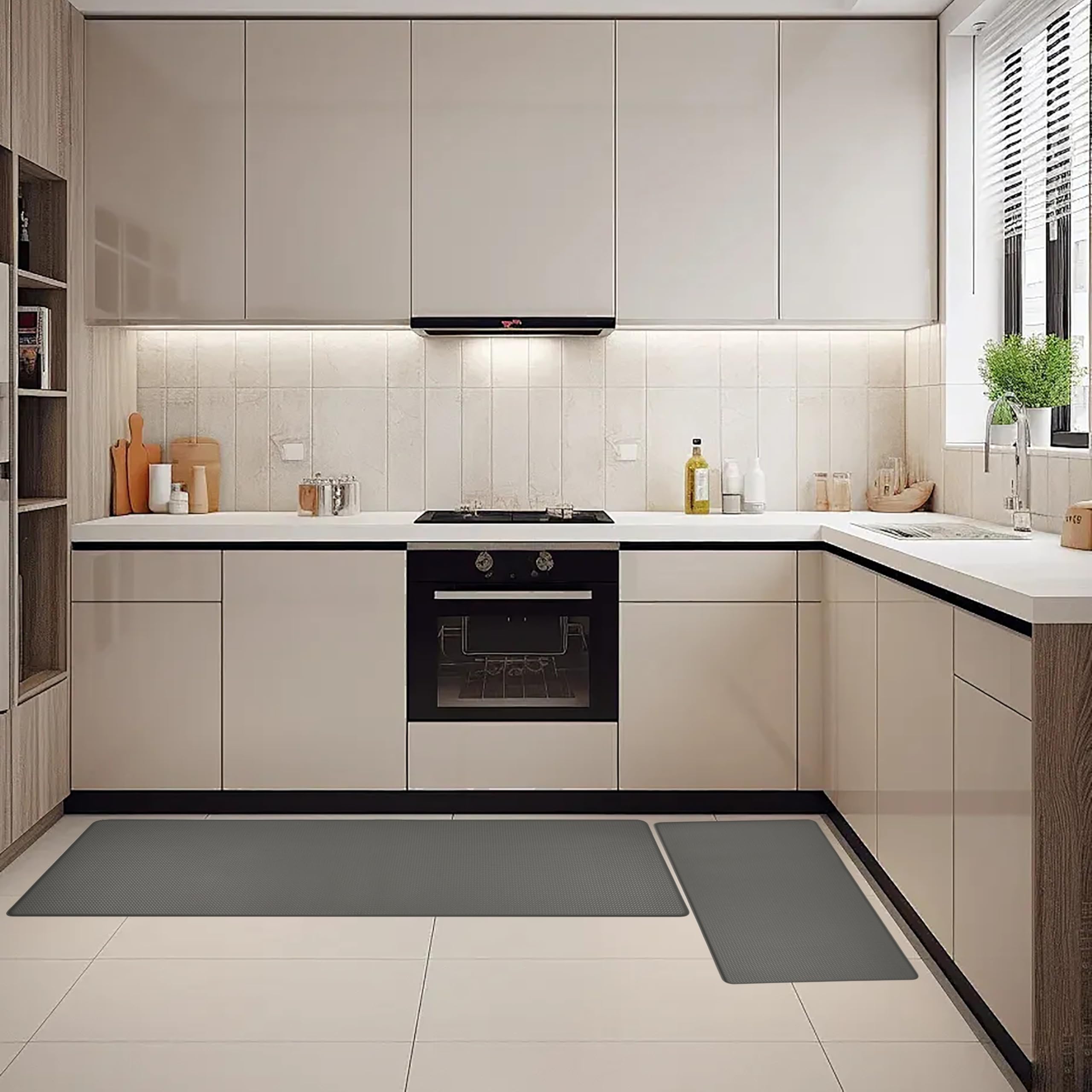 Tapis de cuisine lavable, antidérapant et imperméable, durable et facile à nettoyer, en PVC résistant, 44 x 75 cm + 44 x 120 cm, gris