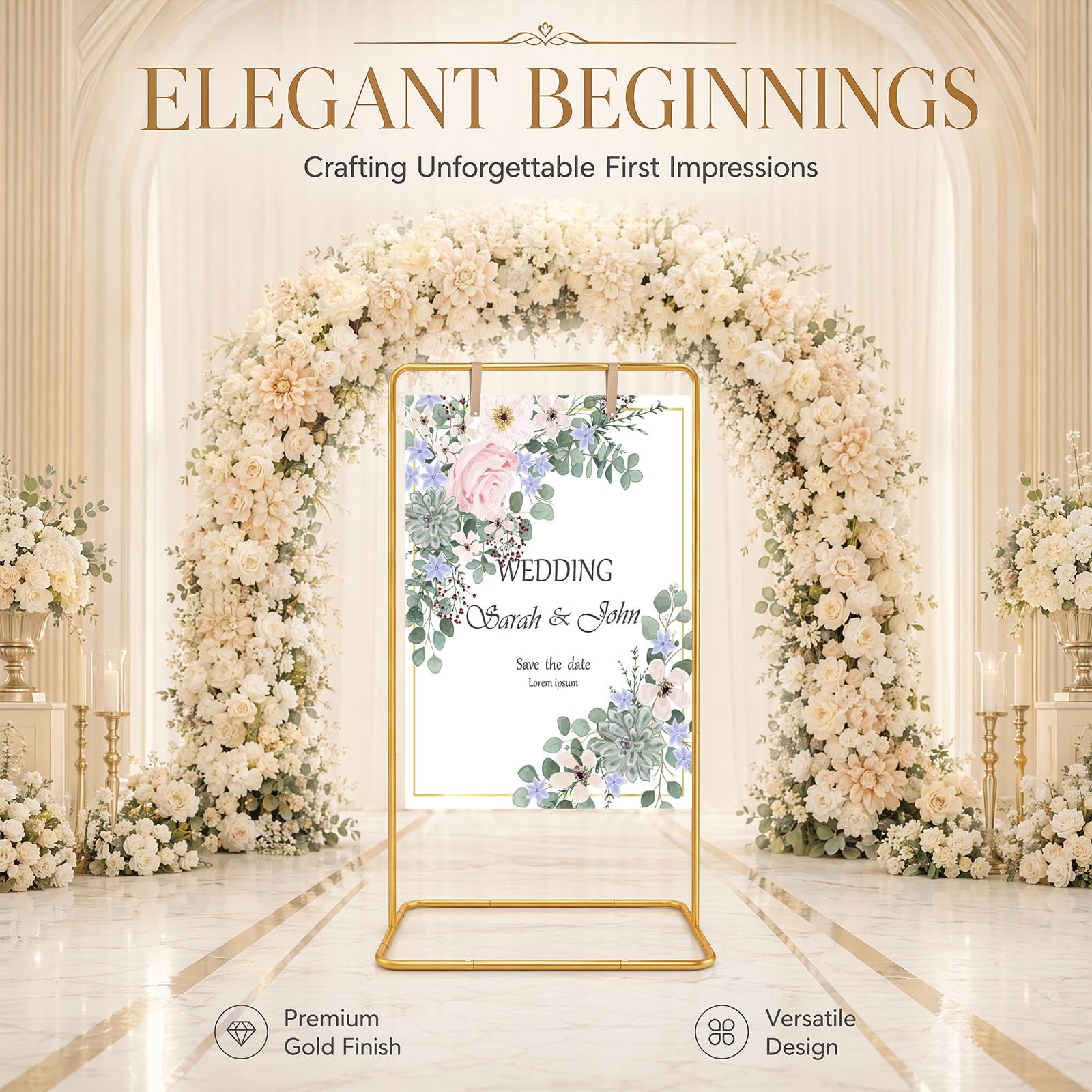 Willkommensschild Hochzeit Ständer Höhenverstellbar 136–173 cm Metall Schildhalter für Hochzeit Empfang mit Lederbändern für Sitzplan Poster Elegantes Design Stabiler Stand (Gold)