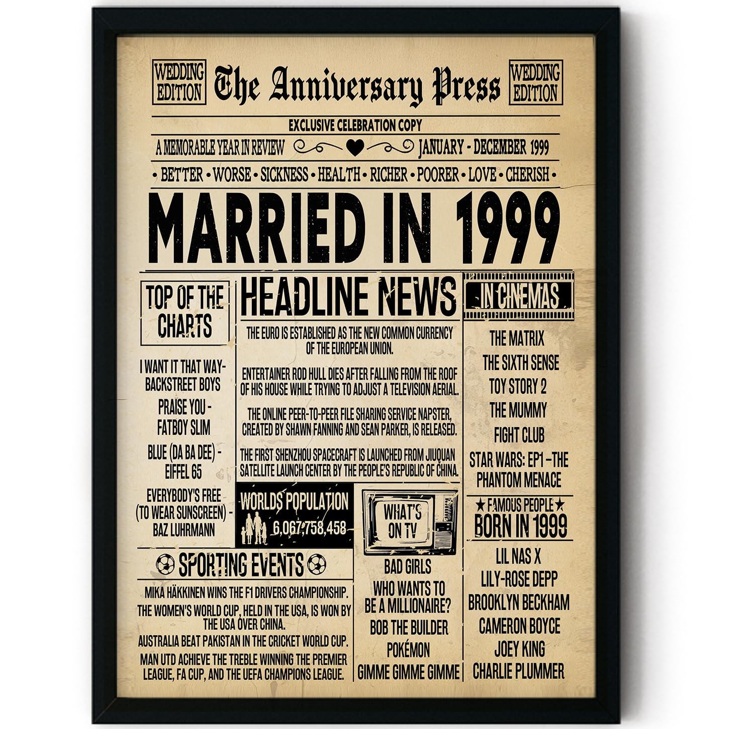 Stuff4 27th Anniversary Poster Framed - Married In 1999 Newspaper - 27 Wedding Anniversary for Men Women Retro Vintage Gifts Back In 1999, 8x10 Inch Anniversaries Posters โ image 1