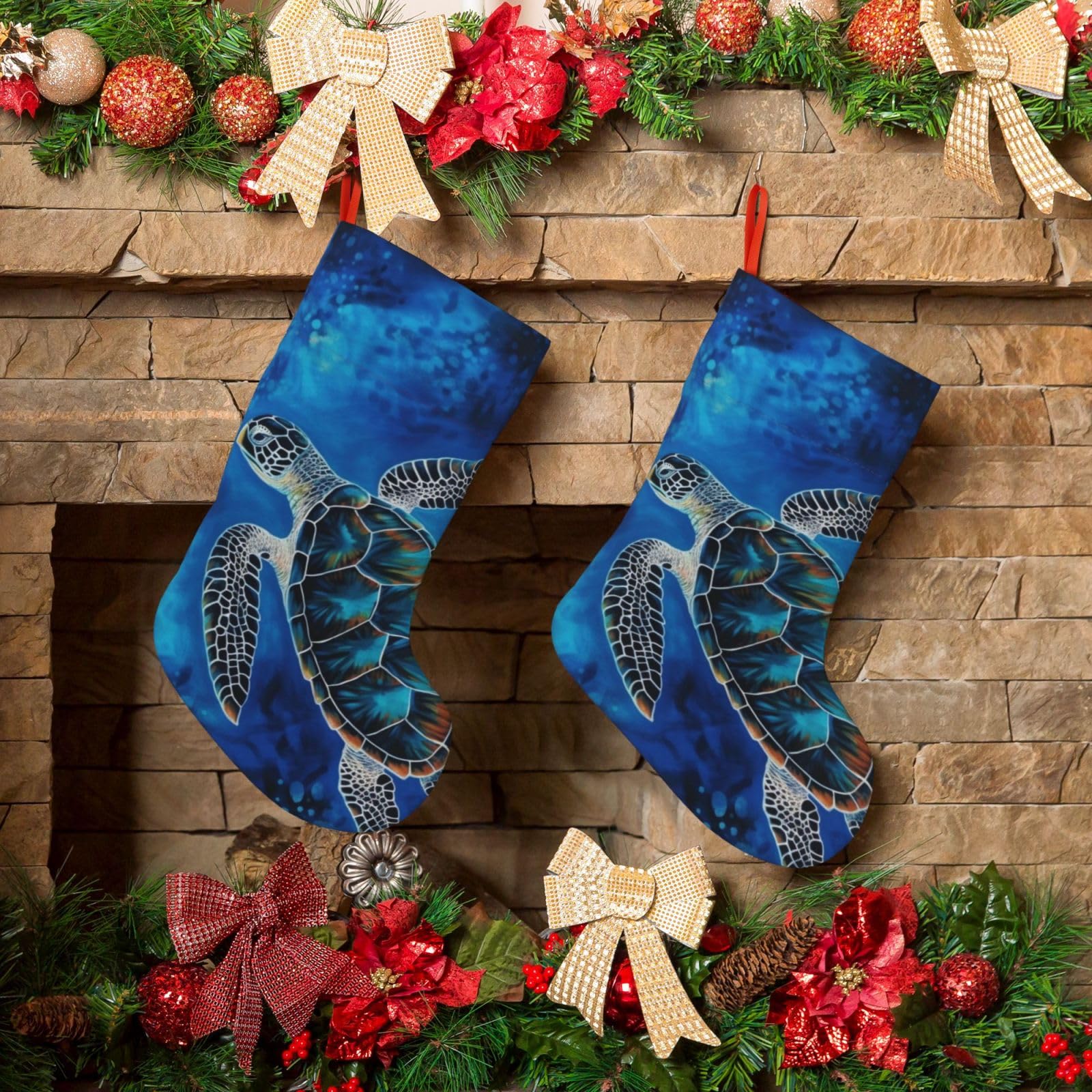 KLOPH Christmas Stockings 18" Personalized Xmas Stocking Sea Turtle-Blue Decoration Stocking Hanging Fireplace Stocking for Holiday Xmas Tree Christmas Fireplace Decor