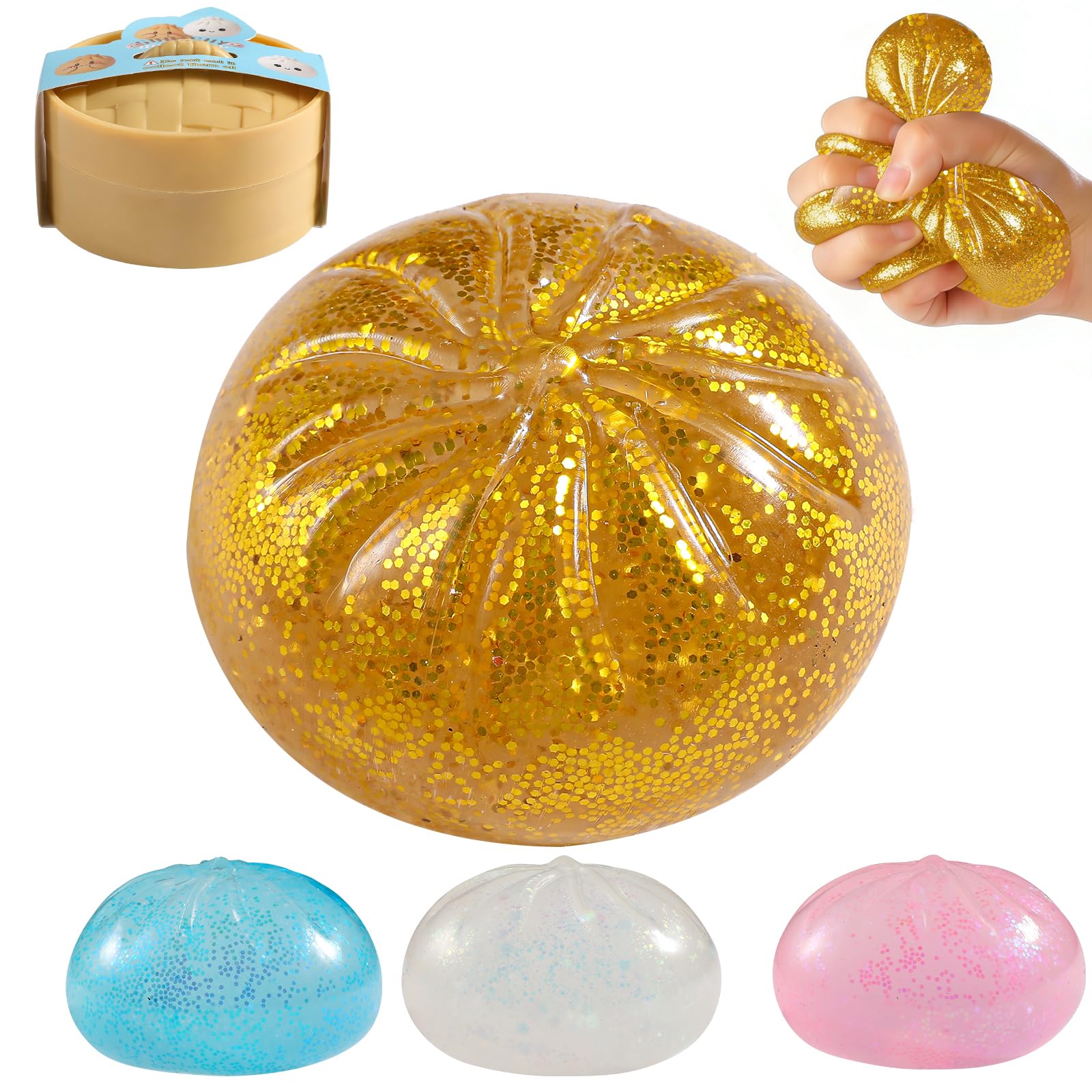 Glitter Dumpling Squishy, Viral Squishy Dumpling Mystery Box, Bao Bun Squeeze Toy,Stress Relief Fidget Toys (Golden)