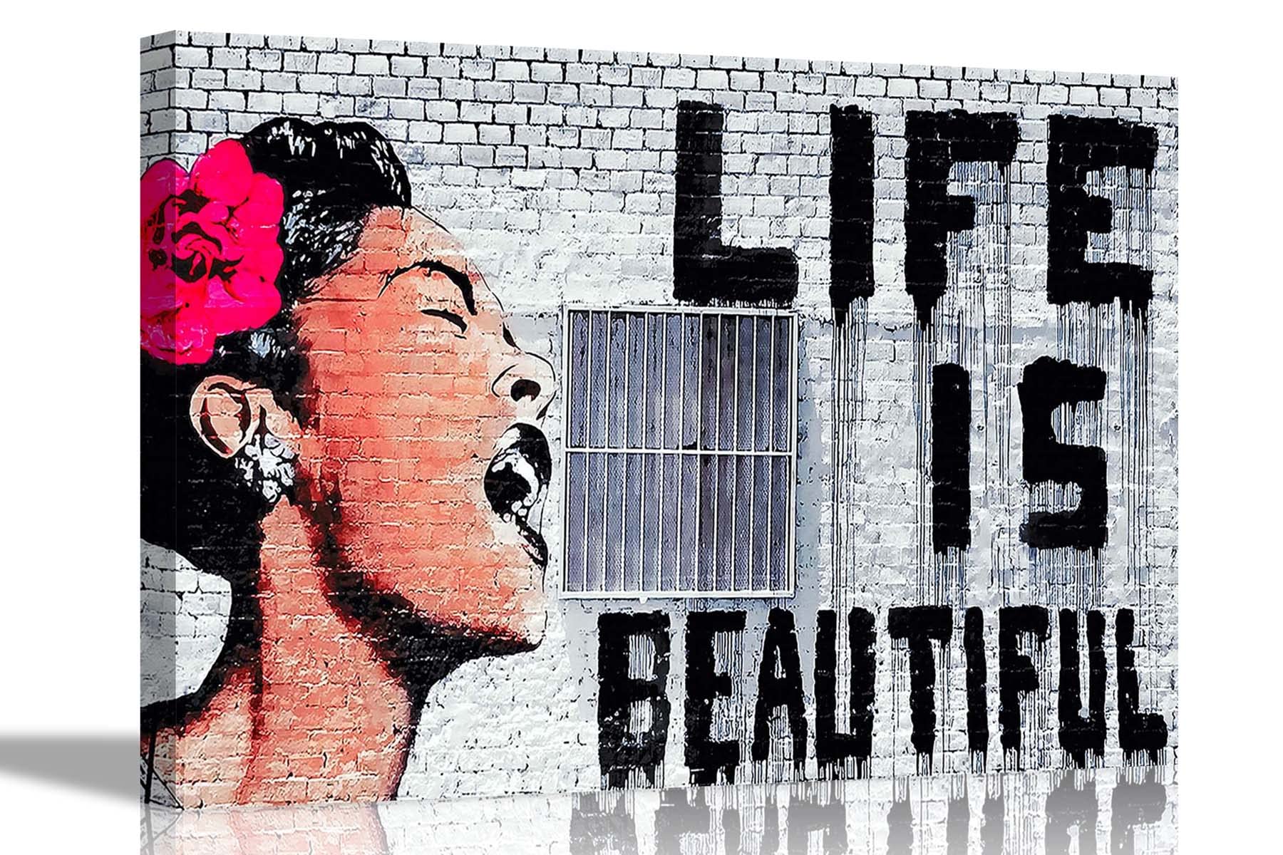 Artley Prints Multicoloured Life Is Beautiful By Banksy Canvas Prints Wall Art Inspirational Quotes Graffiti Pictures Framed Hanging Artwork 76 X 50Cm (30 X 20 Inches)