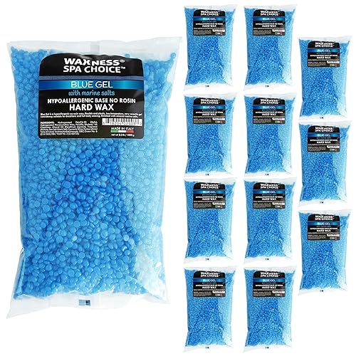 Waxness Spa Choice - Perlas de cera dura de gel sin colofonia azul con sales marinas de 2.2 libras / 2.2 lbs paquete de 12