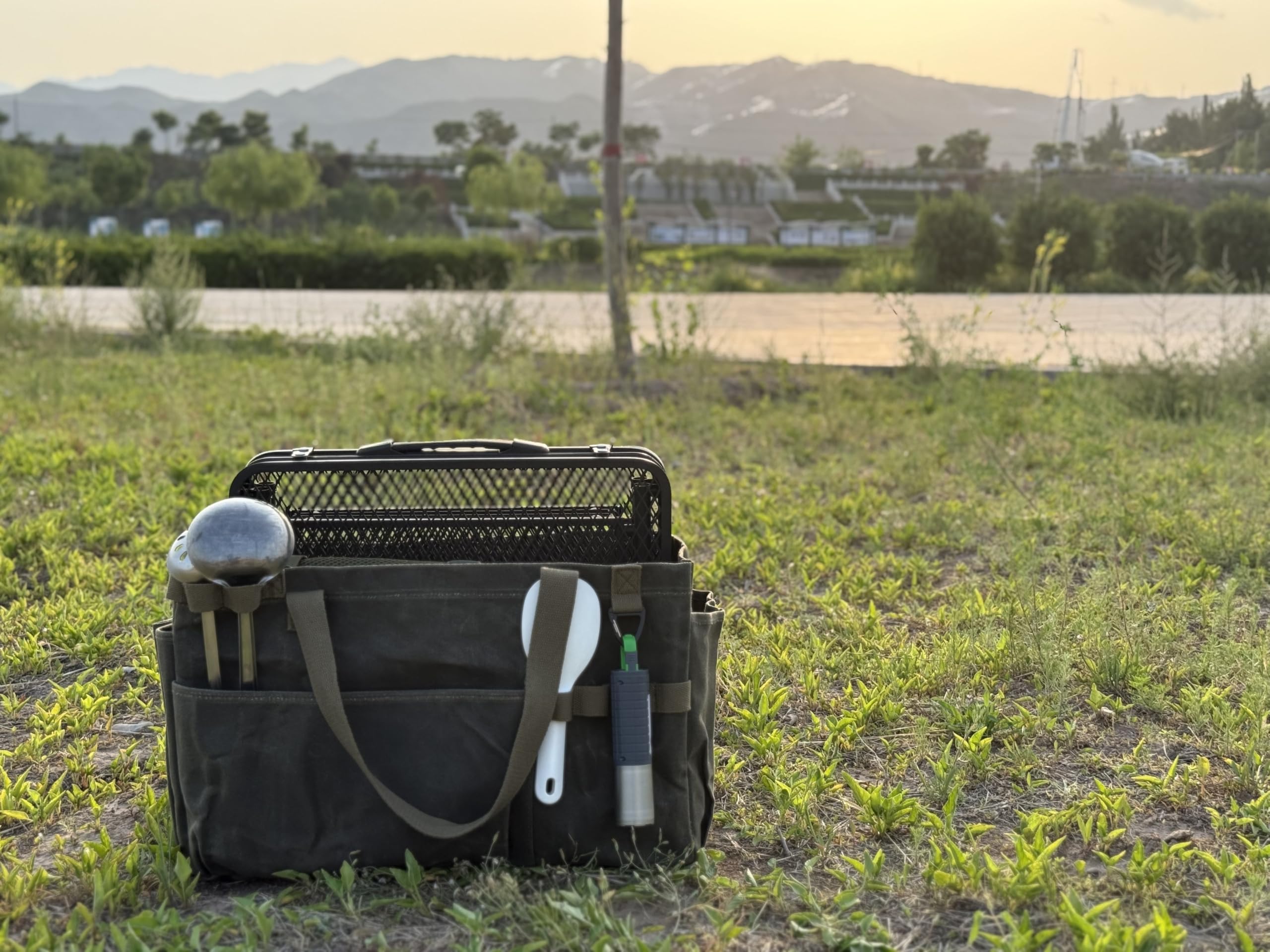 Faltbare werkzeugtasche Leer, gartenwerkzeug tasche, Handwerkzeugtasche groß, einkaufstasche klein, Waxed canvas 46x18x28cm - Ideal für Gärtner Elektriker Schreiner Handwerker(olivgrün)