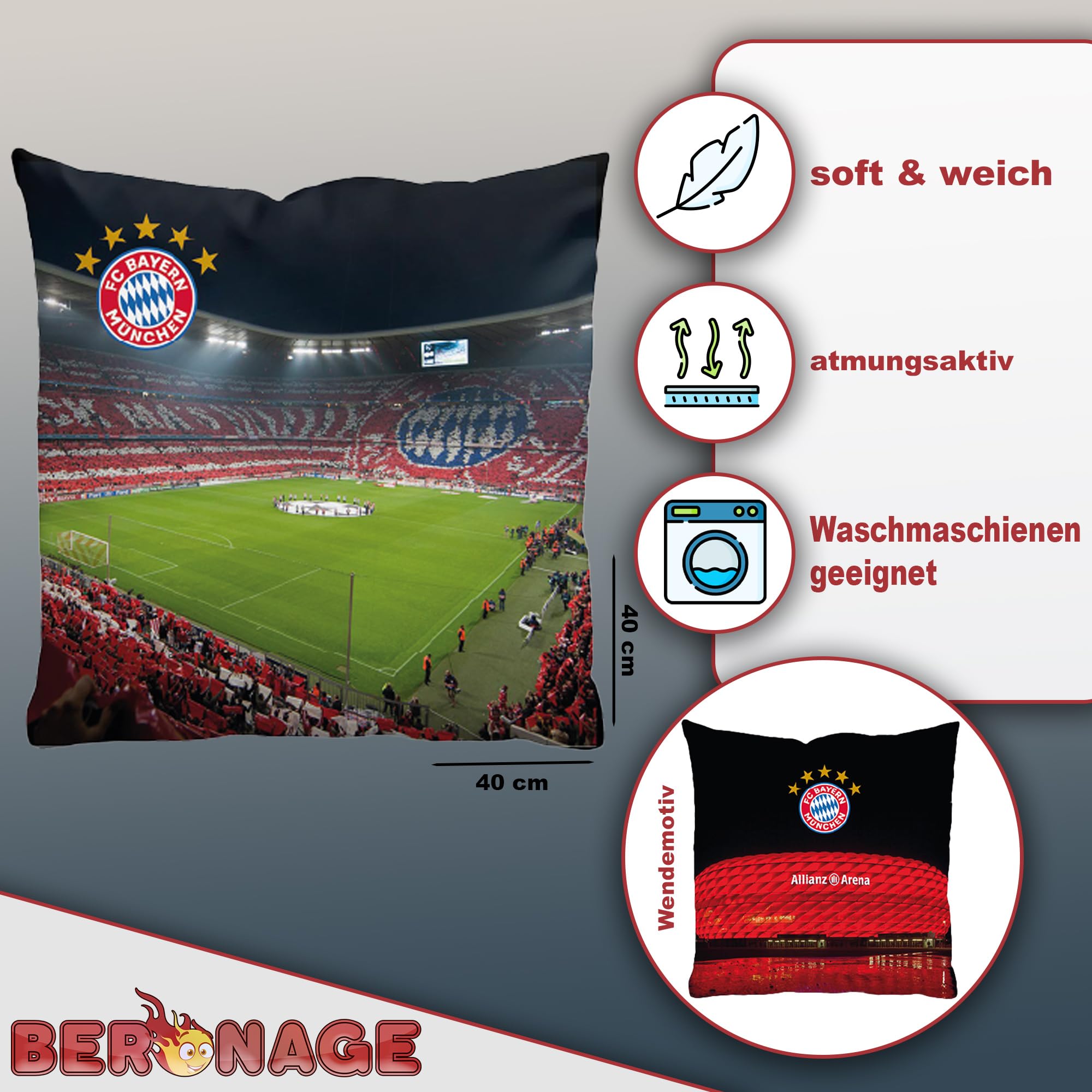 FC Bayern München Cuscino reversibile Players 40 x 40 cm Calcio Rekordmeister Mia san Mia FCB Champions League Bundesliga Allianz Arena, cuscino decorativo per biancheria da letto