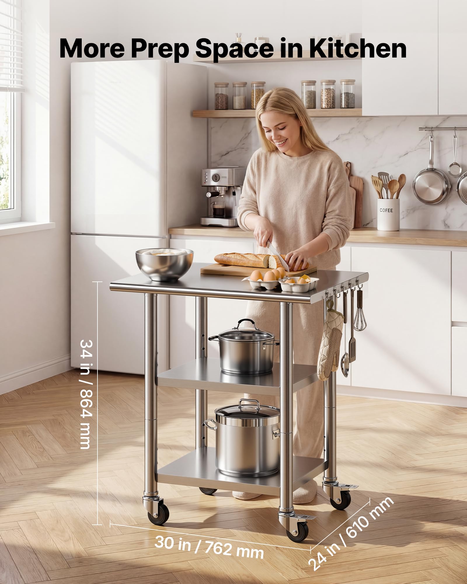 VEVOR Tavolo da Lavoro per Cucina 3 Ripiani, Tavolo per Ristorazione in Acciaio Inox con Ruote 3 Ripiani 762 x 610 x 864 mm Piano di Lavoro Carico max 227 kg, Preparazione Ristorante Hotel Catering