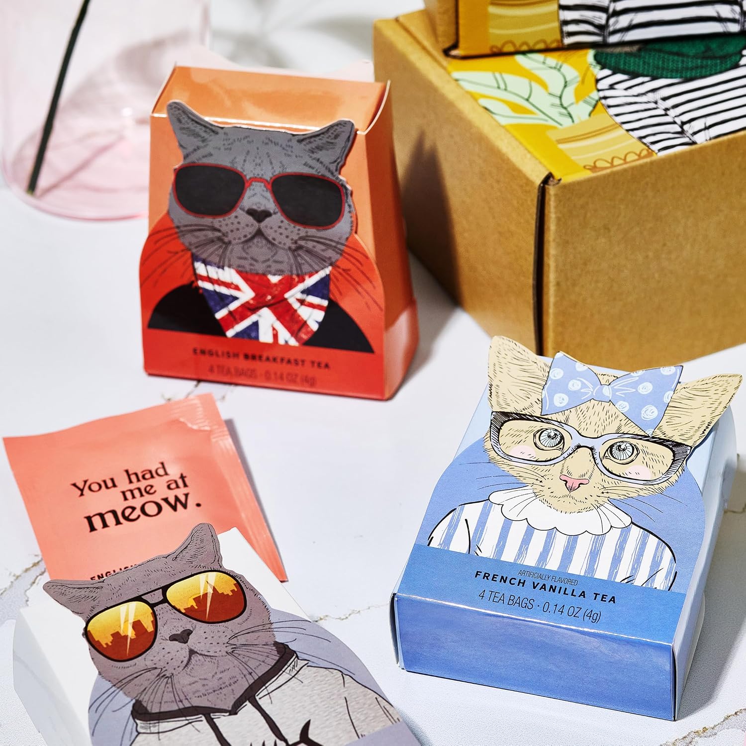 Thoughtfully Gourmet Cat Lover's Tea Gift Set: Includes 24 Teas in 6 Flavors with Stylish Cat Art and Fun Quotes for Cat Moms and Dads, Set of 24