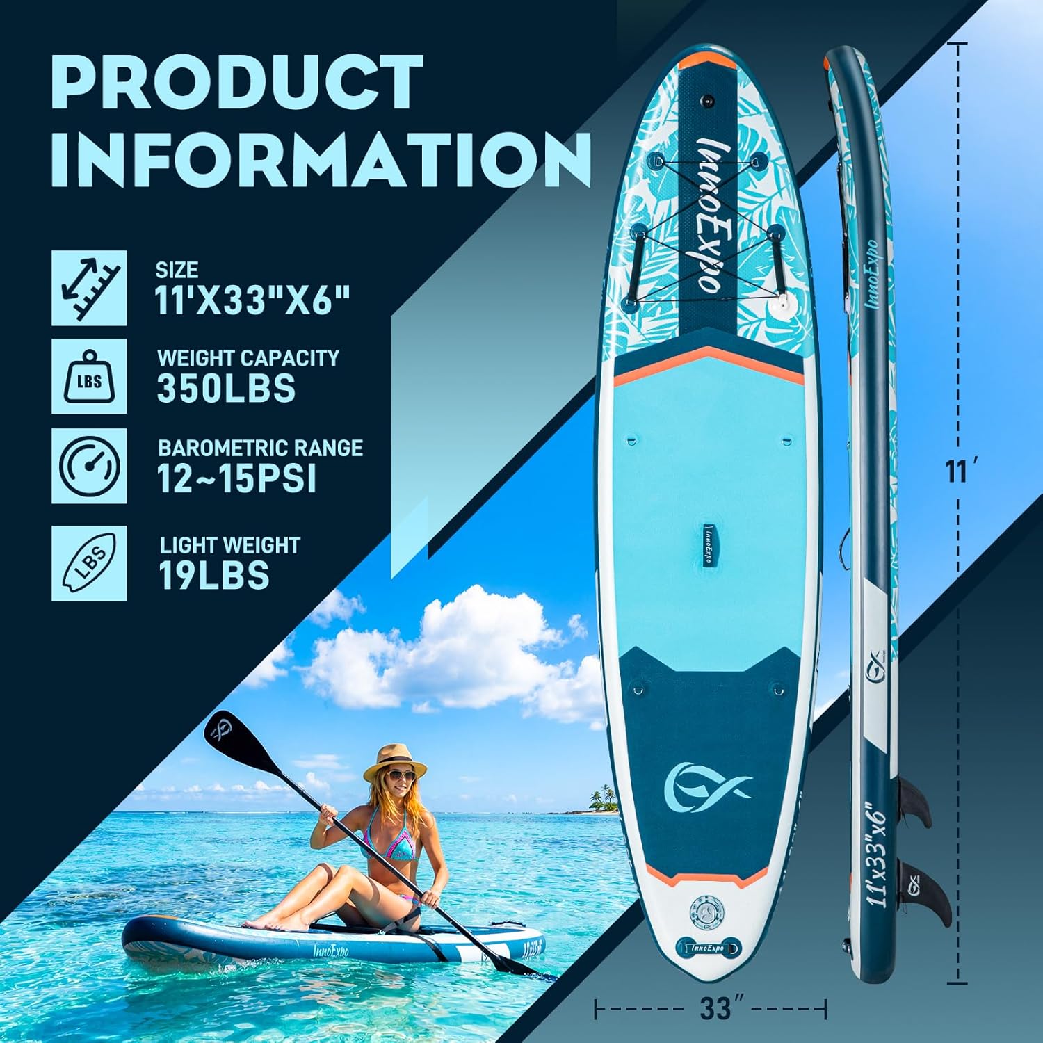 InnoExpo 11' Inflatable Stand Up Paddle Boards with Premium Accessories, Wide Stable SUP Paddle Board Design, Non-Slip Comfort Deck for Youth & Adults - Image 2