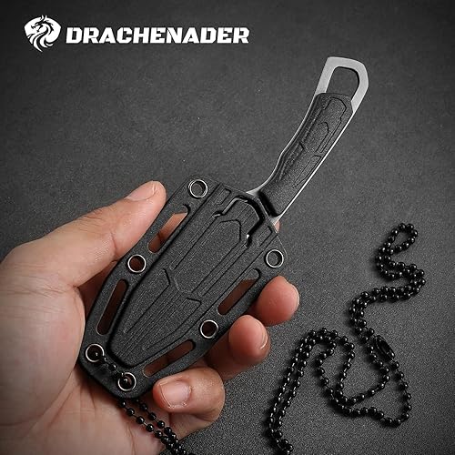 Miniatura 5 de DRACHENADER Fulltang - Cuchillo de cuello pequeño, pequeño cuchillo de cuello Tanto con funda y collar, mini cuchillo para exteriores, negro