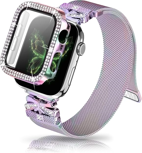 Magnetic Band for Women Compatible with Apple Watch Band 38mm 40mm 41mm 42mm 44mm 45mm 46mm Milanese Stainless Steel Loop with Bling Protective Case, Dressy Metal Strap Replacement iWatch Band