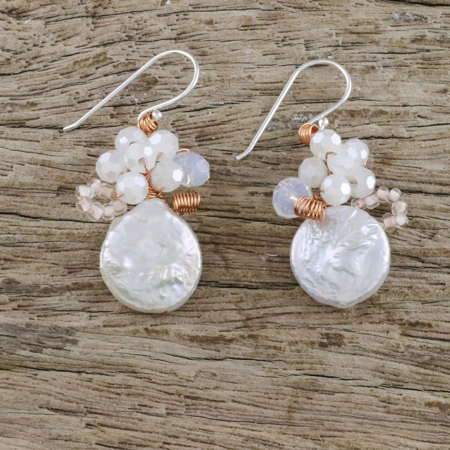 NOVICA Artisan Handmade Cultured Pearl Dangle Earrings Glass from Thailand Sterling Silver Copper Freshwater White Cluster Bridal Birthstone [1.5 in L x 0.7 in W] ' Night Glamour in White'