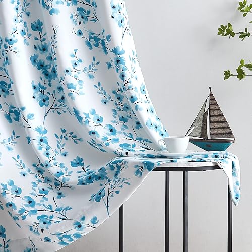 Miniatura 3 de Melodieux - Cortinas Florales de 63 Pulgadas de Largo para Sala de Estar, Cortinas Decorativas con Ojales Blancos con Estampado de Flores Azules y
