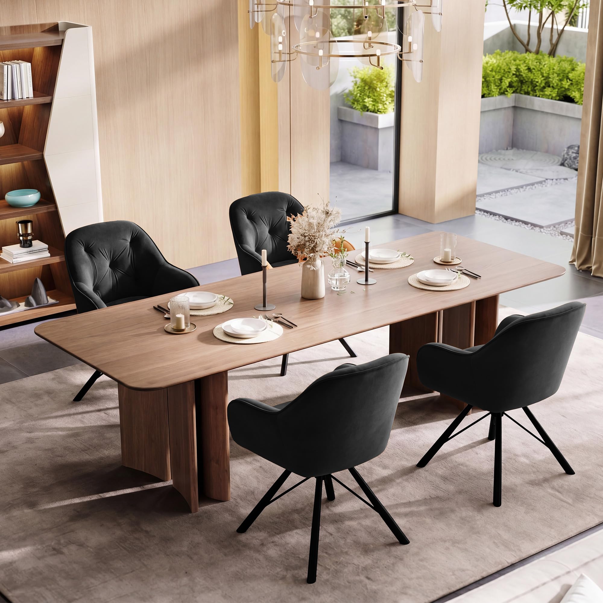 ELUCHANG Esszimmerstühle 2er Set, 360°Drehbar, Mehrschichtiger Dicker Schaumstoff Stuhl mit Hohen Armlehnen, Schwarz Samt, Gekreuztes Metallgestell bis 150KG, für Schlafzimmer Küche Wohnzimmer