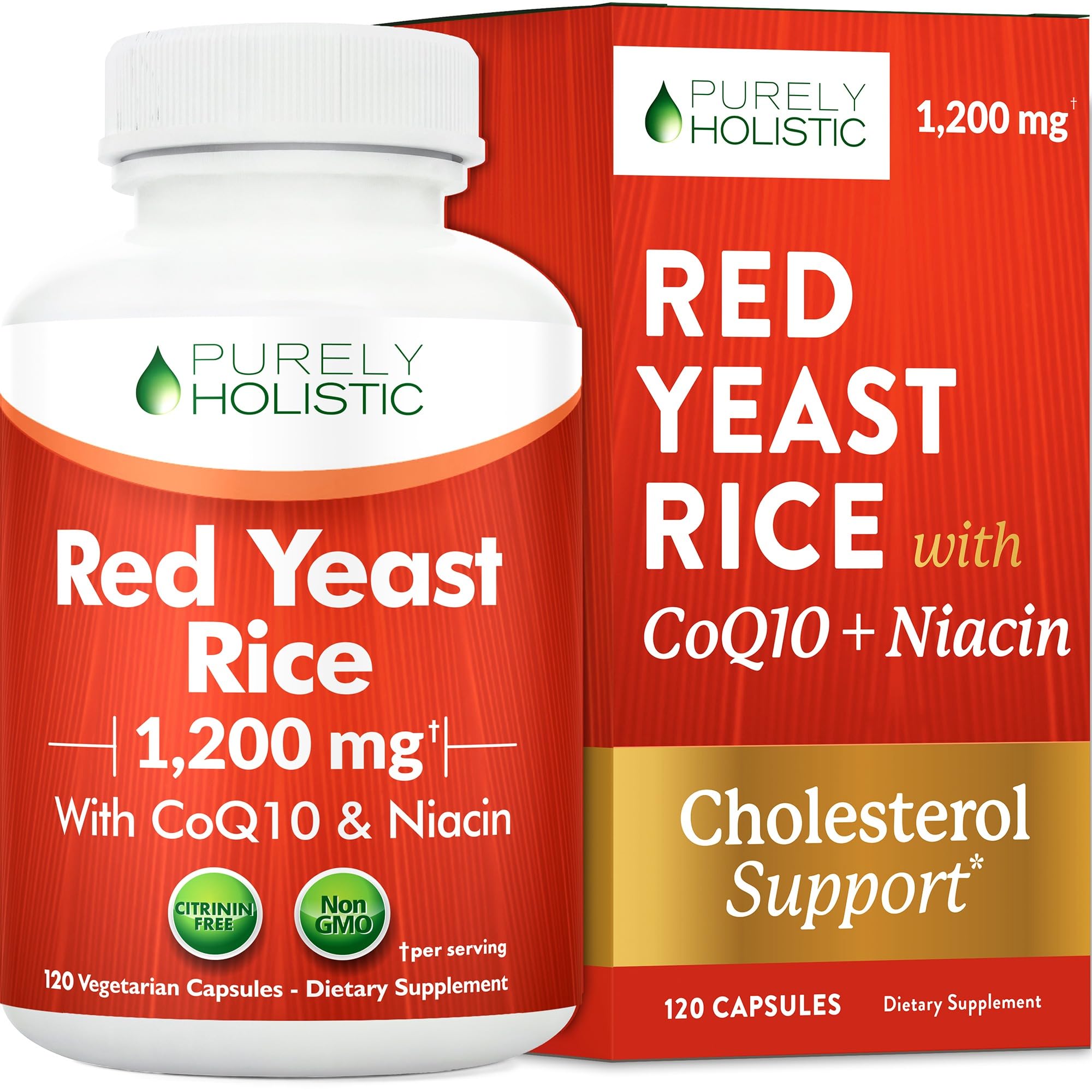Red Yeast Rice with CoQ10 Supplement | Healthy Cholesterol Levels & Heart Health Support | Extra Strength Red Yeast Rice 1200 MG (600 MG Per Capsule) with Monakolin K | No Citrinin, Non-GMO | 120 Ct