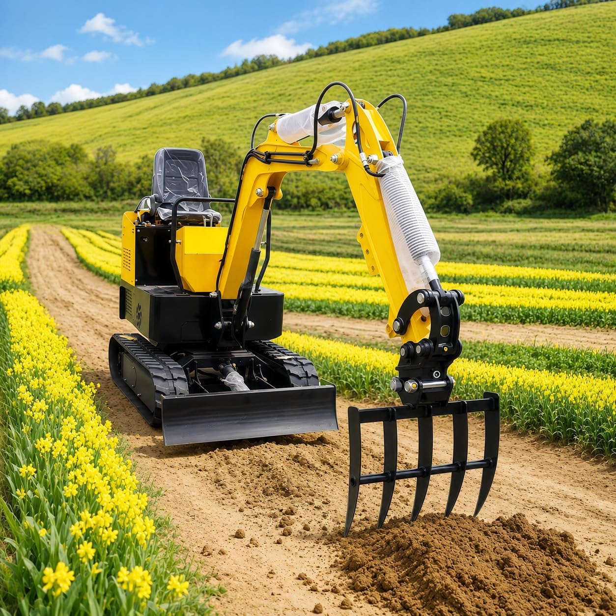 Râteau hydraulique inclinable pour mini excavatrices 0,8-2T