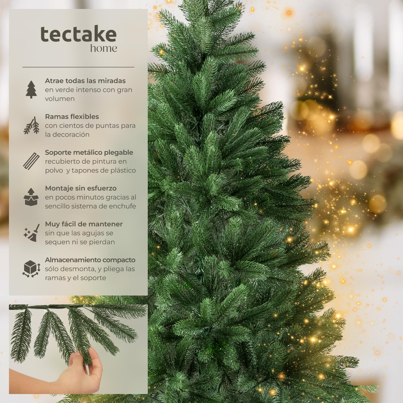 tectake® Árbol de Navidad Artificial con Soporte Metálico Plegable y Topes, Abeto Navidad con Ramas Flexibles para Adornos Navidad, Frondoso, Fácil Montaje y Almacenamiento, 180cm. y 742 Ramas, Verde