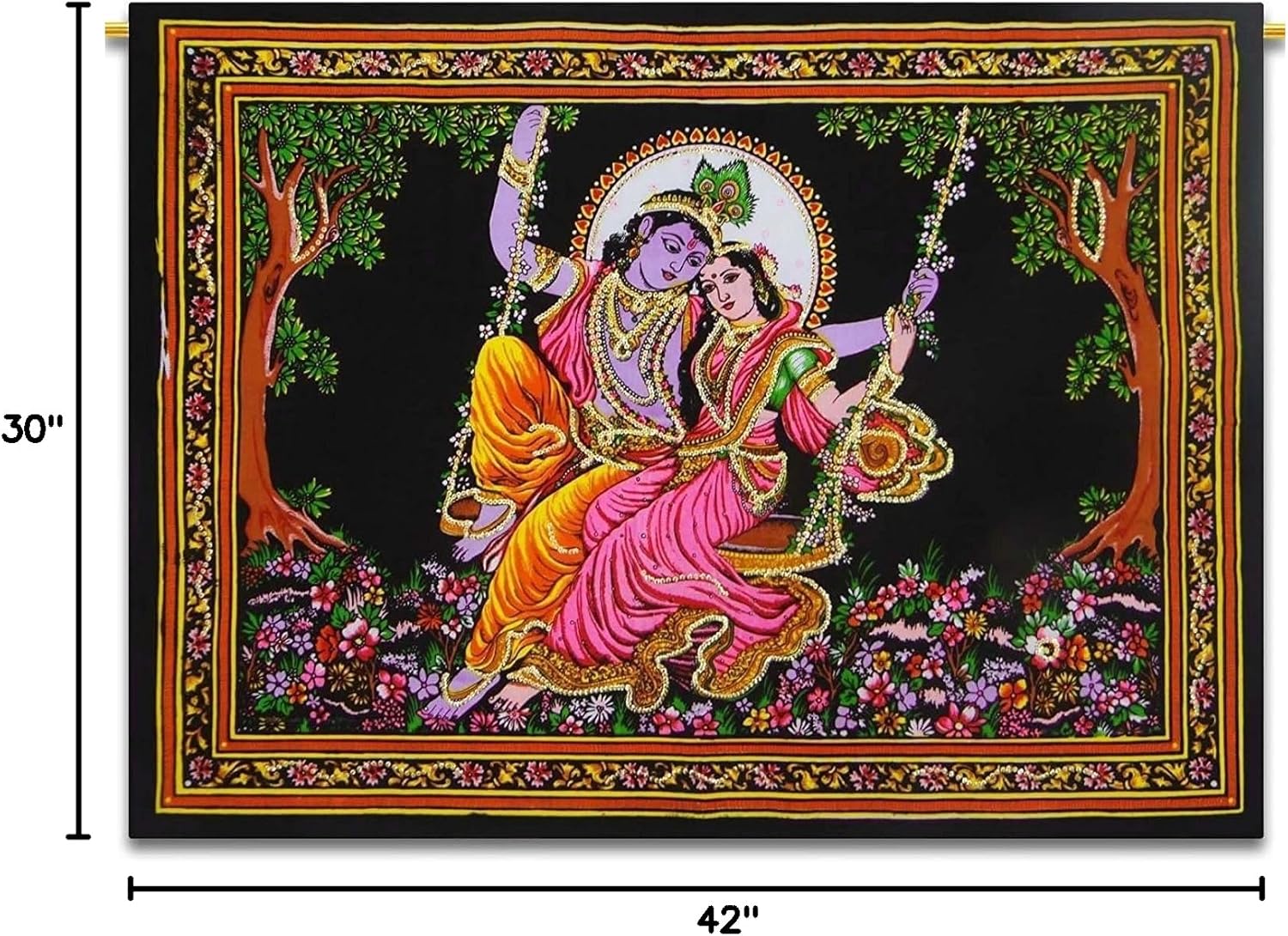 God Multi Indian Arjun Buddha Tapestry Sequin Wall Work Handmade Krishna Radha Hanging Ethnic Ram Sai Baba Cotton Poster Laxmi Unique Poster (Radha Krishna Hammock)