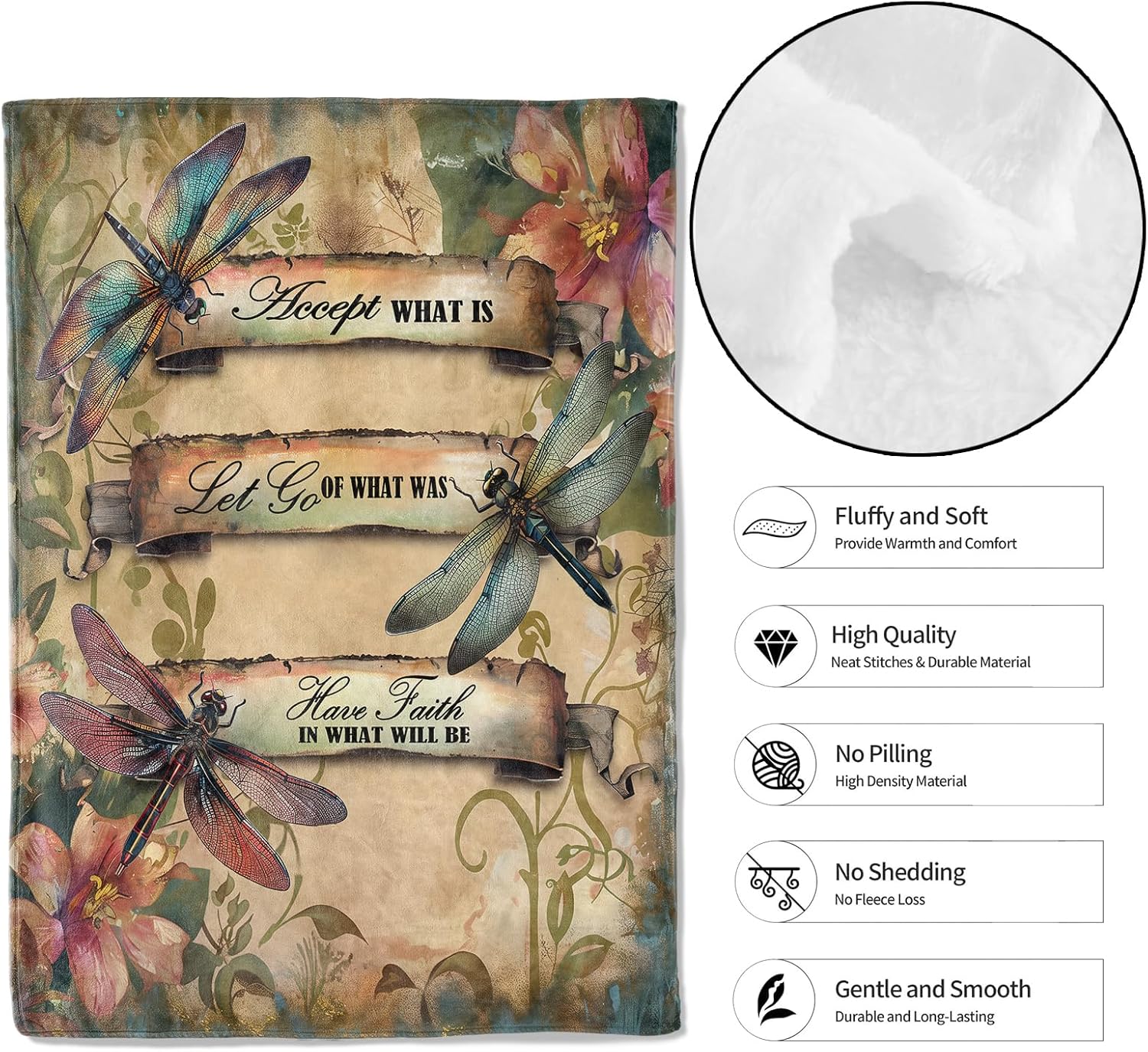 Inspirational Dragonfly Fairy Throw Blanket, 50x60in, Soft, Lightweight Flannel,Vintage Flower Spiritual Quote Blankets, Gifts for Women, for Retro Home Living Room Decor - Image 2